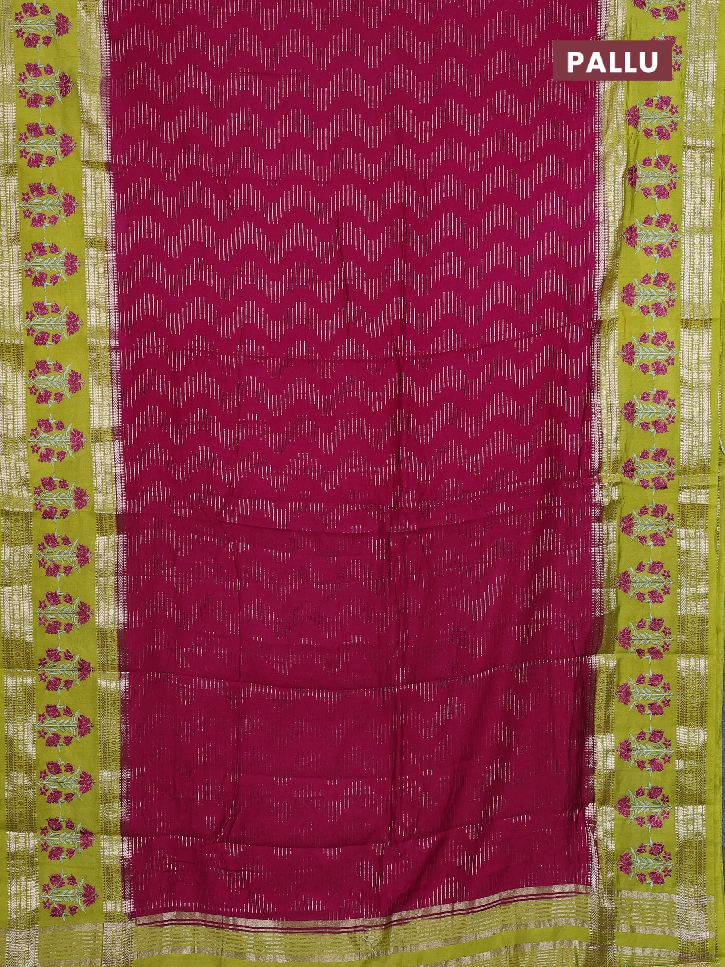 Semi chanderi saree pink and light green with allover zari weaves and embroidery zari border - Image 3