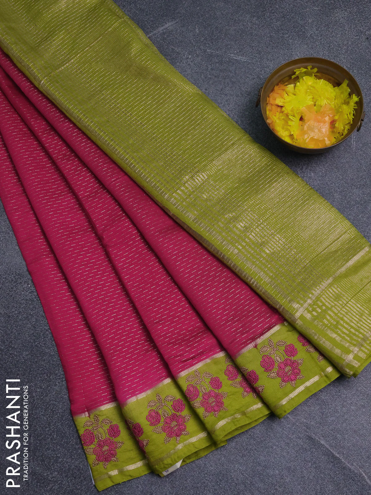 Semi chanderi saree pink and light green with allover zari weaves and embroidery zari border
