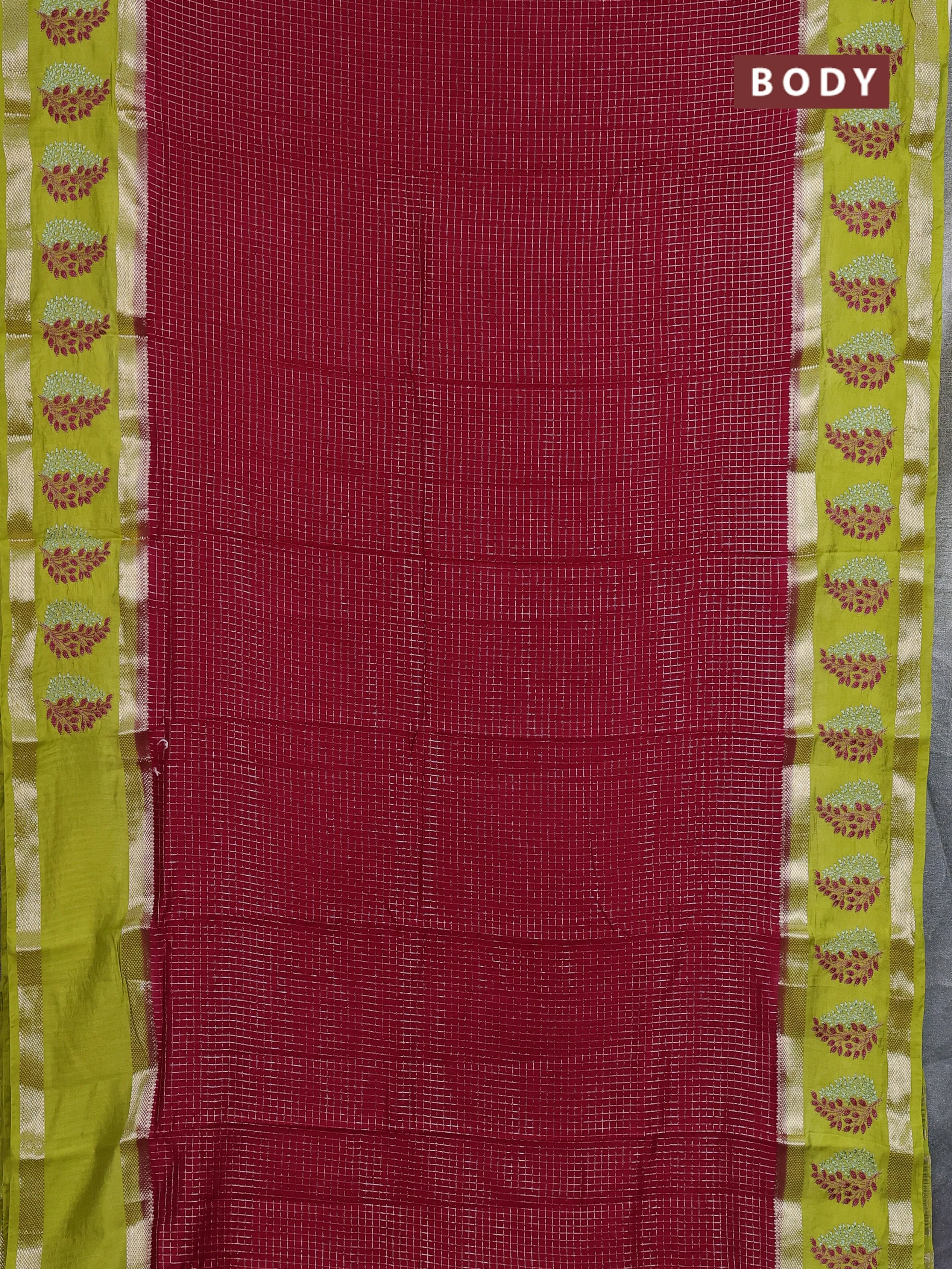 Semi chanderi saree pink and light green with allover zari woven checked pattern and embroidery zari border - Image 2