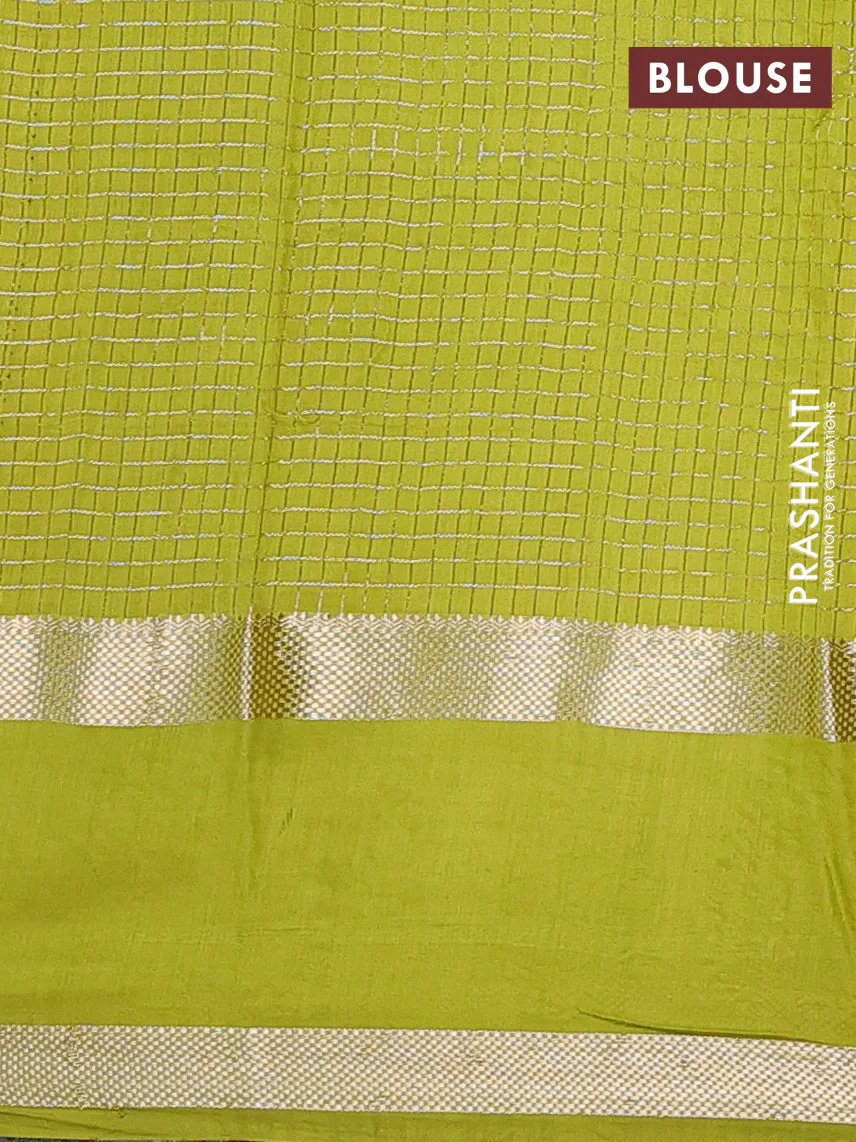 Semi chanderi saree pink and light green with allover zari woven checked pattern and embroidery zari border - Image 4