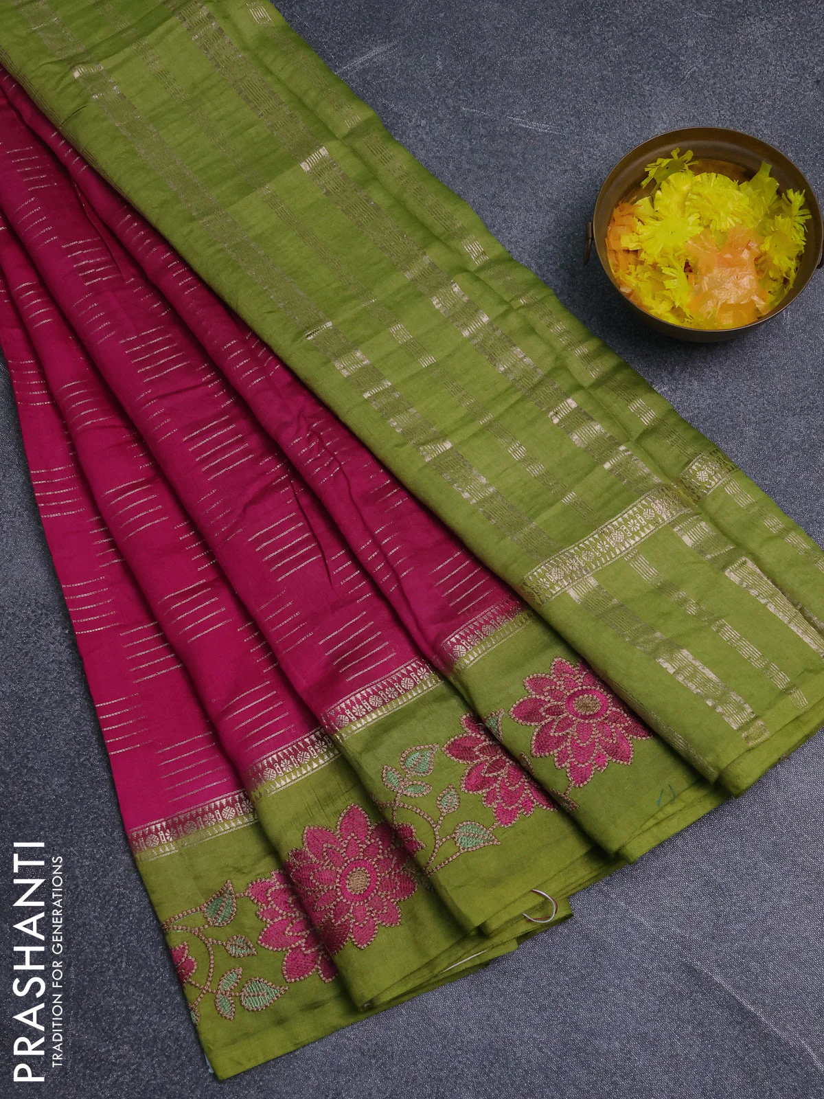 Semi chanderi saree pink and mehendi green with allover zari weaves and embroidery border