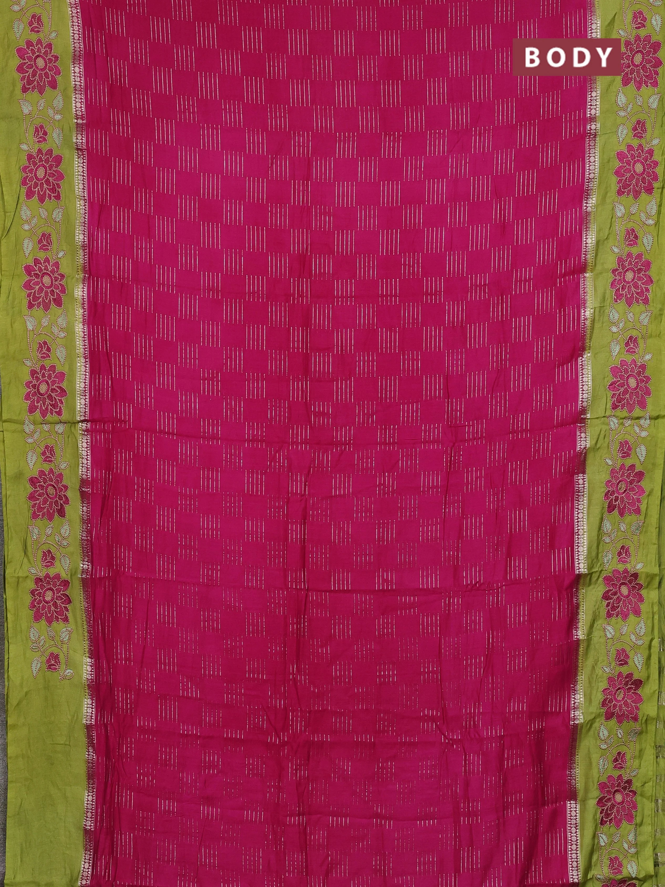 Semi chanderi saree pink and mehendi green with allover zari weaves and embroidery border - Image 2