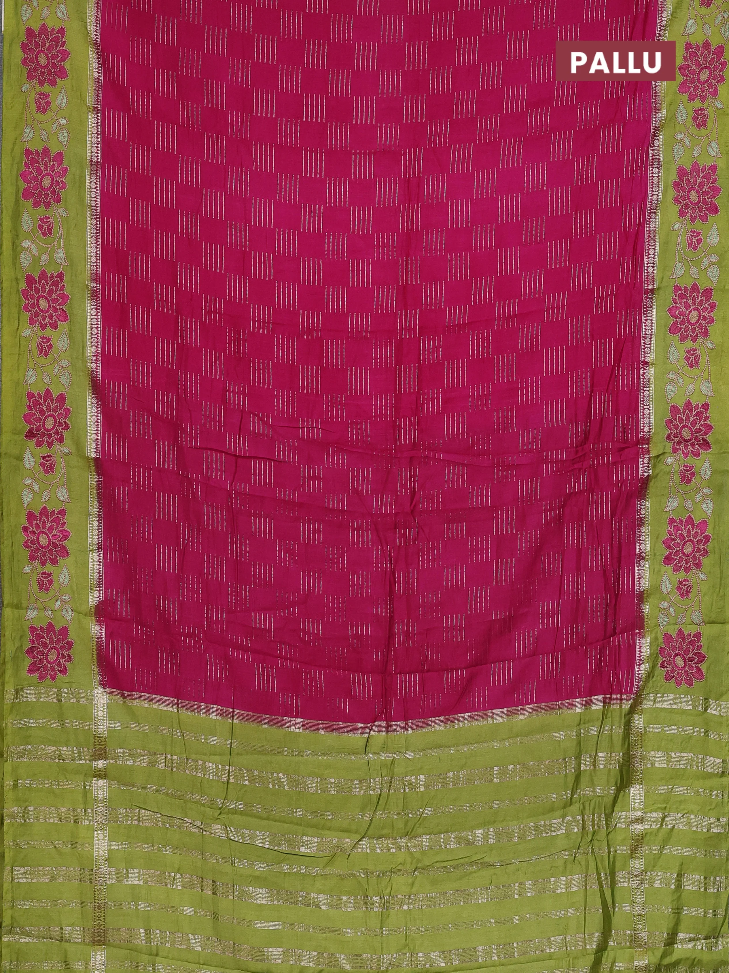 Semi chanderi saree pink and mehendi green with allover zari weaves and embroidery border - Image 3