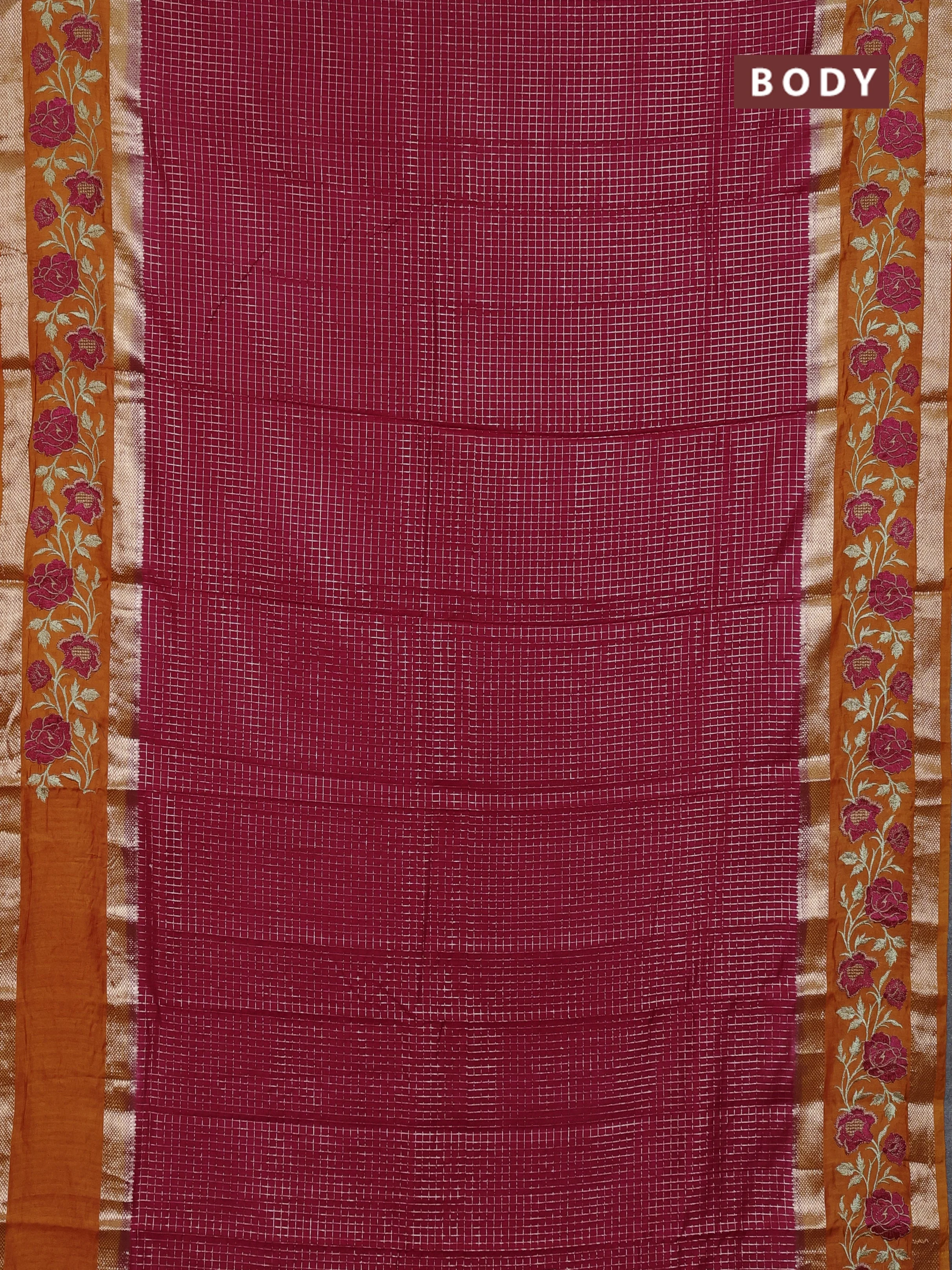 Semi chanderi saree pink and orange with allover zari woven checked pattern and embroidery zari border - Image 2
