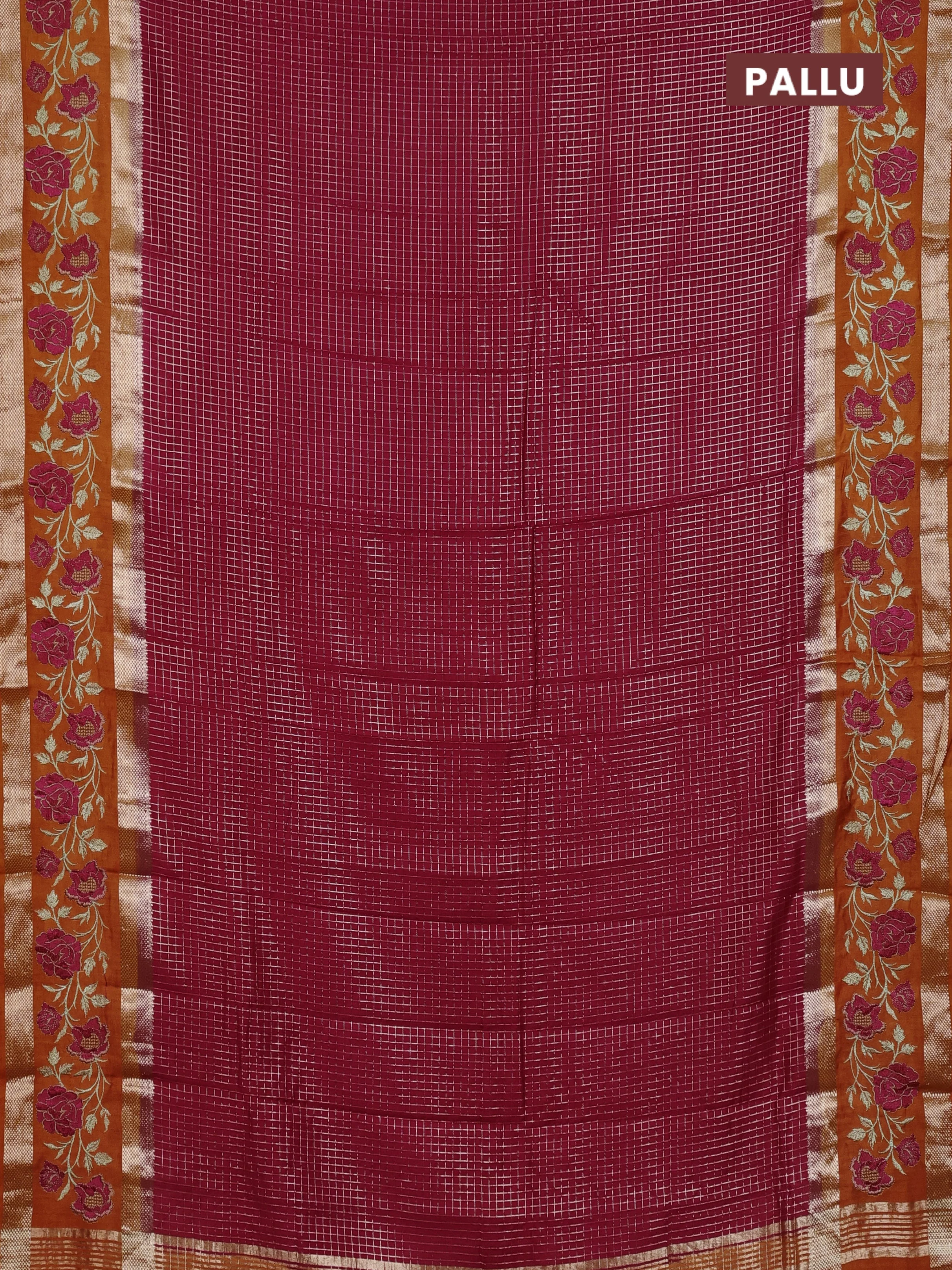Semi chanderi saree pink and orange with allover zari woven checked pattern and embroidery zari border - Image 3