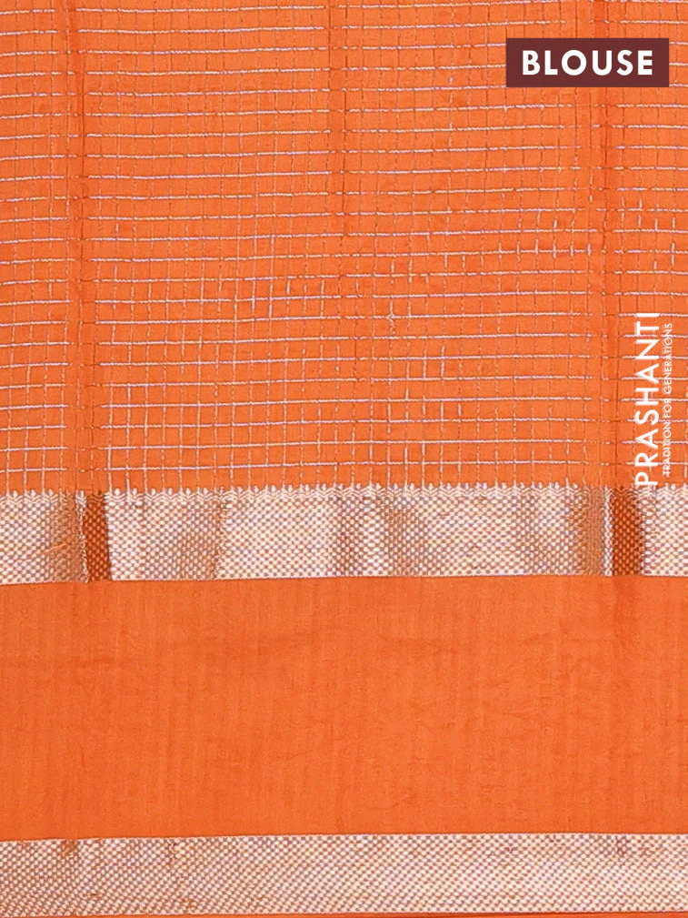 Semi chanderi saree pink and orange with allover zari woven checked pattern and embroidery zari border - Image 4