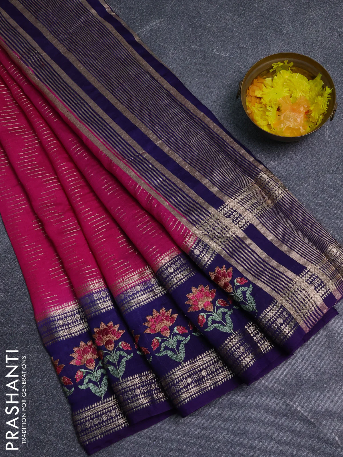 Semi chanderi saree pink and violet with allover zari weaves and embroidery zari border