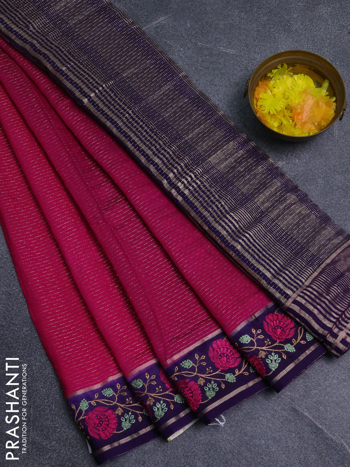 Semi chanderi saree pink and violet with allover zari weaves and embroidery zari border