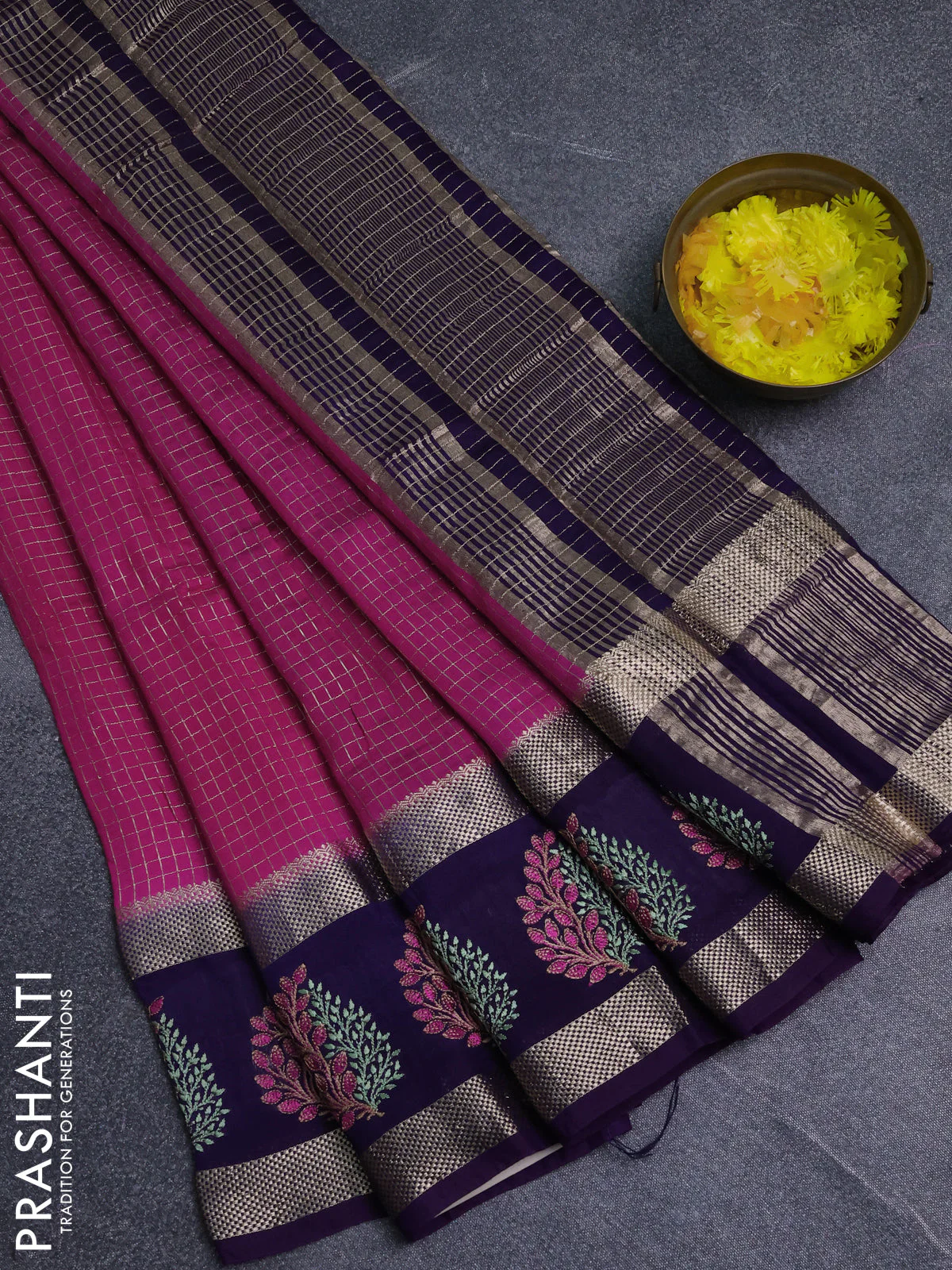 Semi chanderi saree pink and violet with allover zari woven checked pattern and embroidery zari border