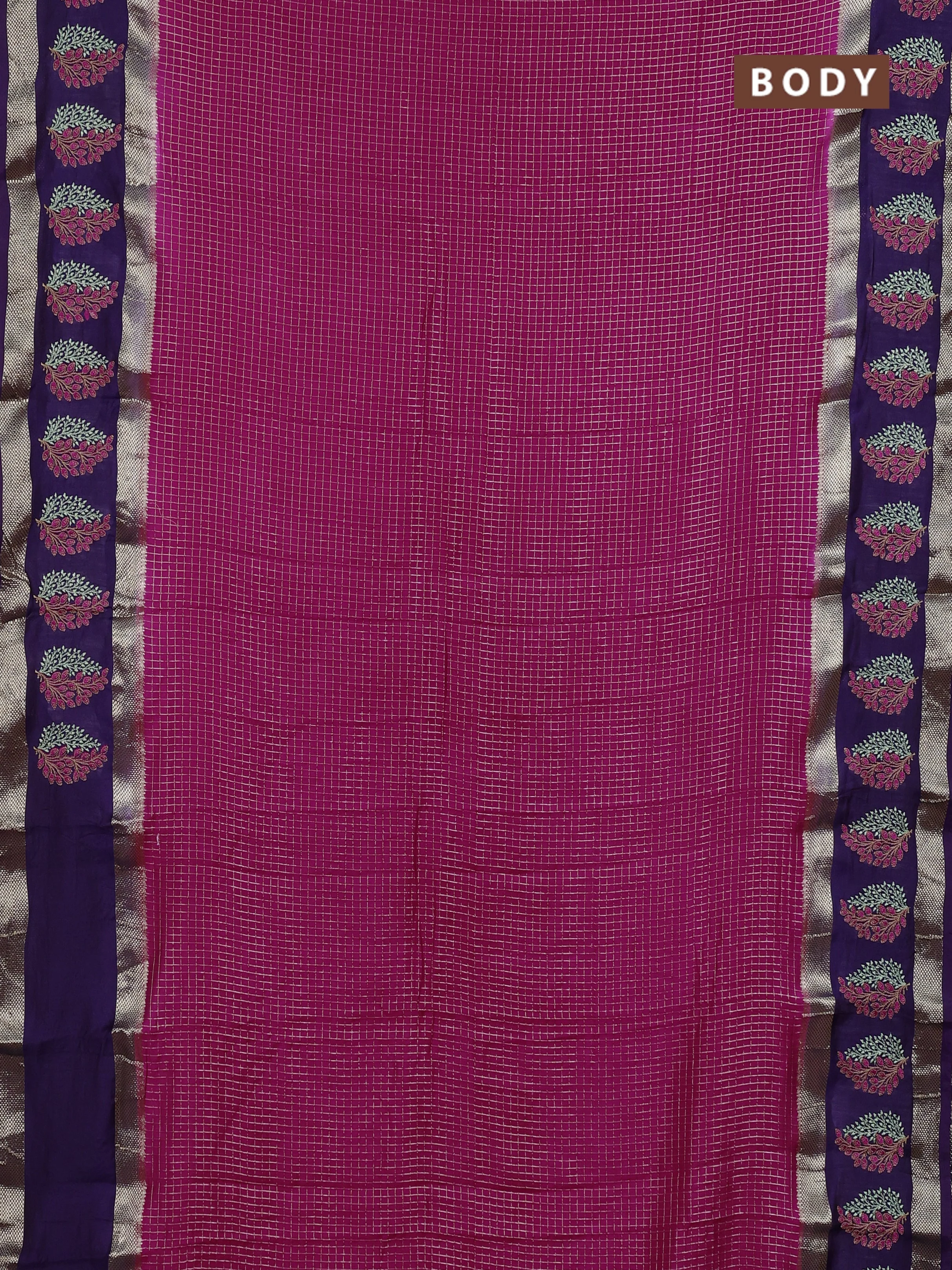 Semi chanderi saree pink and violet with allover zari woven checked pattern and embroidery zari border - Image 2