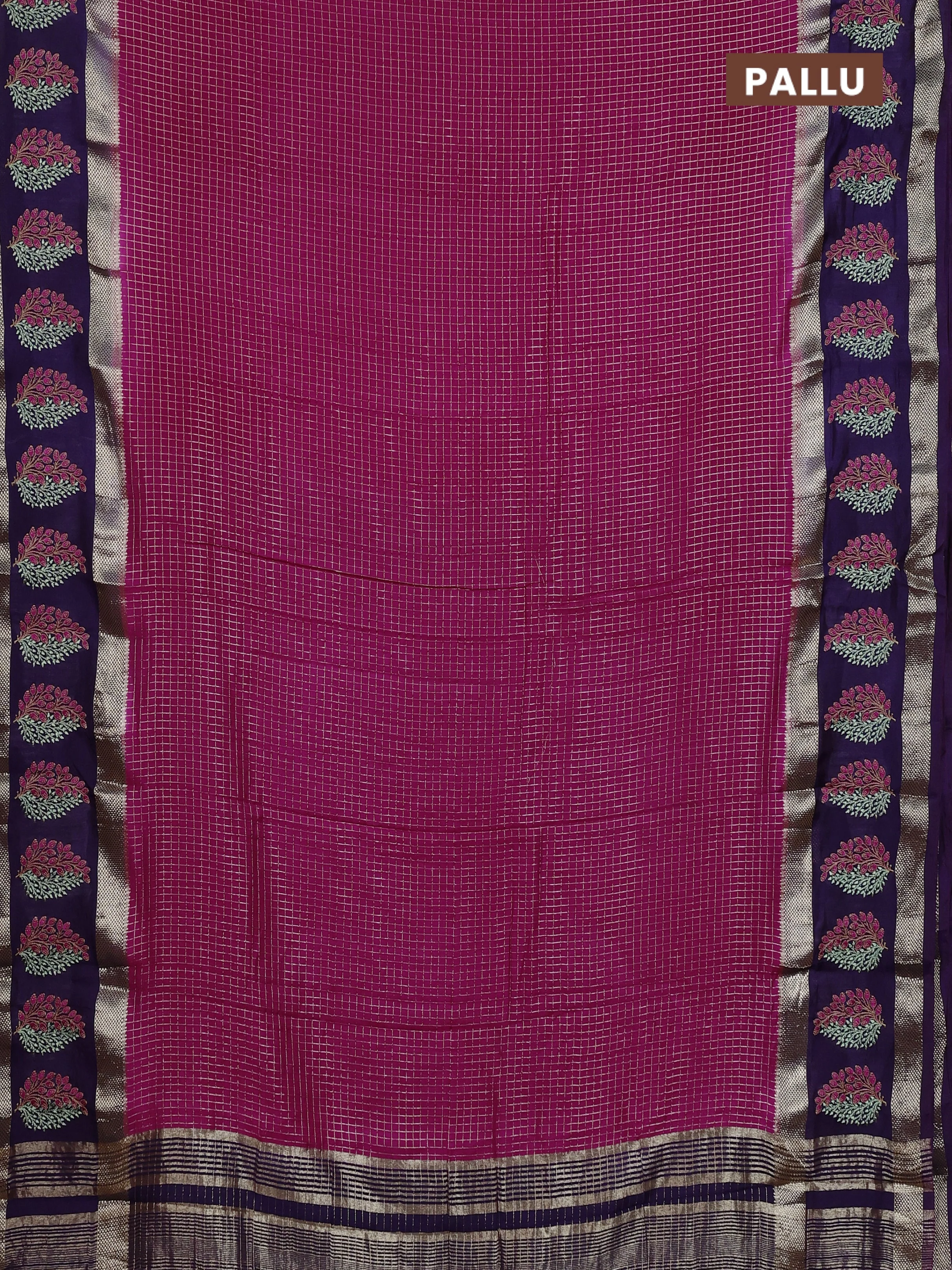 Semi chanderi saree pink and violet with allover zari woven checked pattern and embroidery zari border - Image 3