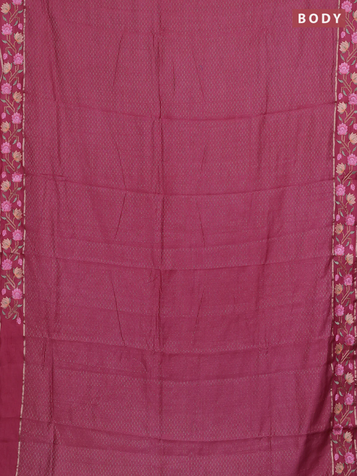 Semi chanderi saree pink shade with allover zari weaves and floral embroidery border - Image 2