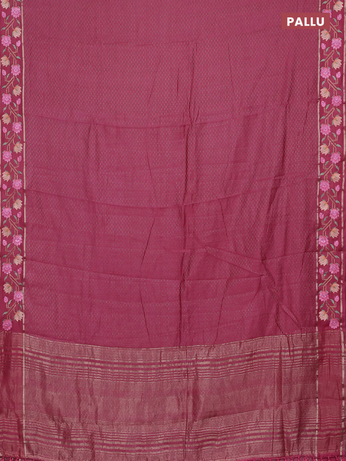 Semi chanderi saree pink shade with allover zari weaves and floral embroidery border - Image 3