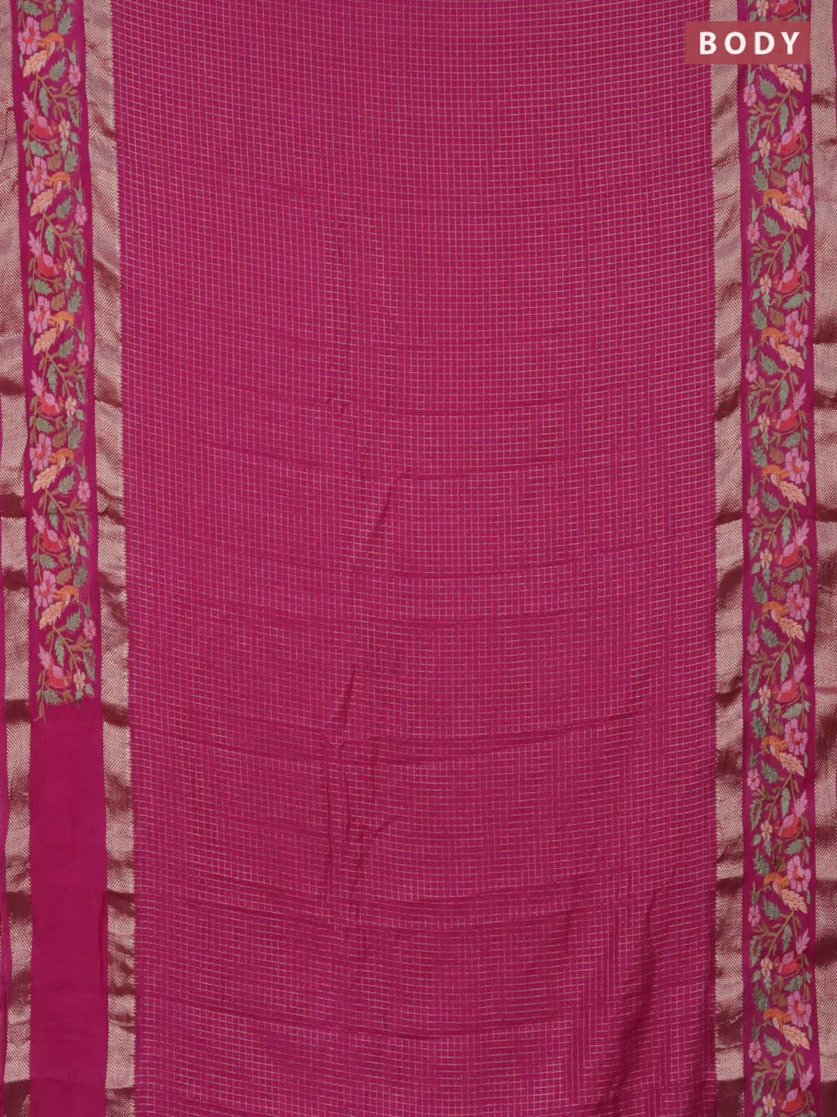 Semi chanderi saree pink with allover zari checked pattern and embroidery border - Image 2