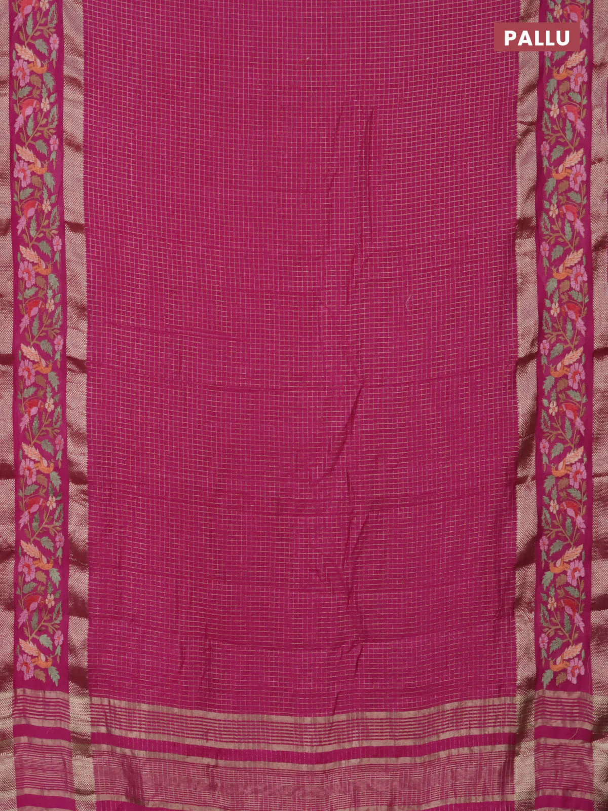 Semi chanderi saree pink with allover zari checked pattern and embroidery border - Image 3
