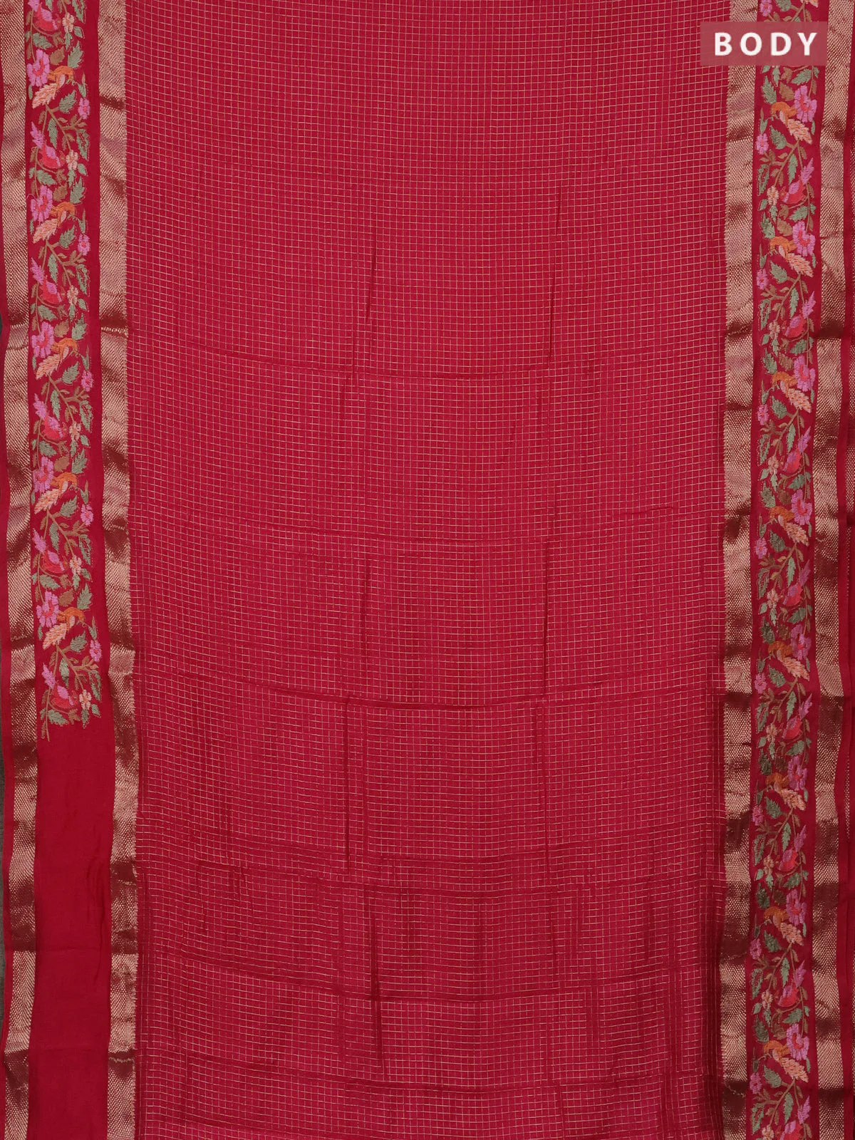 Semi chanderi saree pink with allover zari checked pattern and embroidery border - Image 2