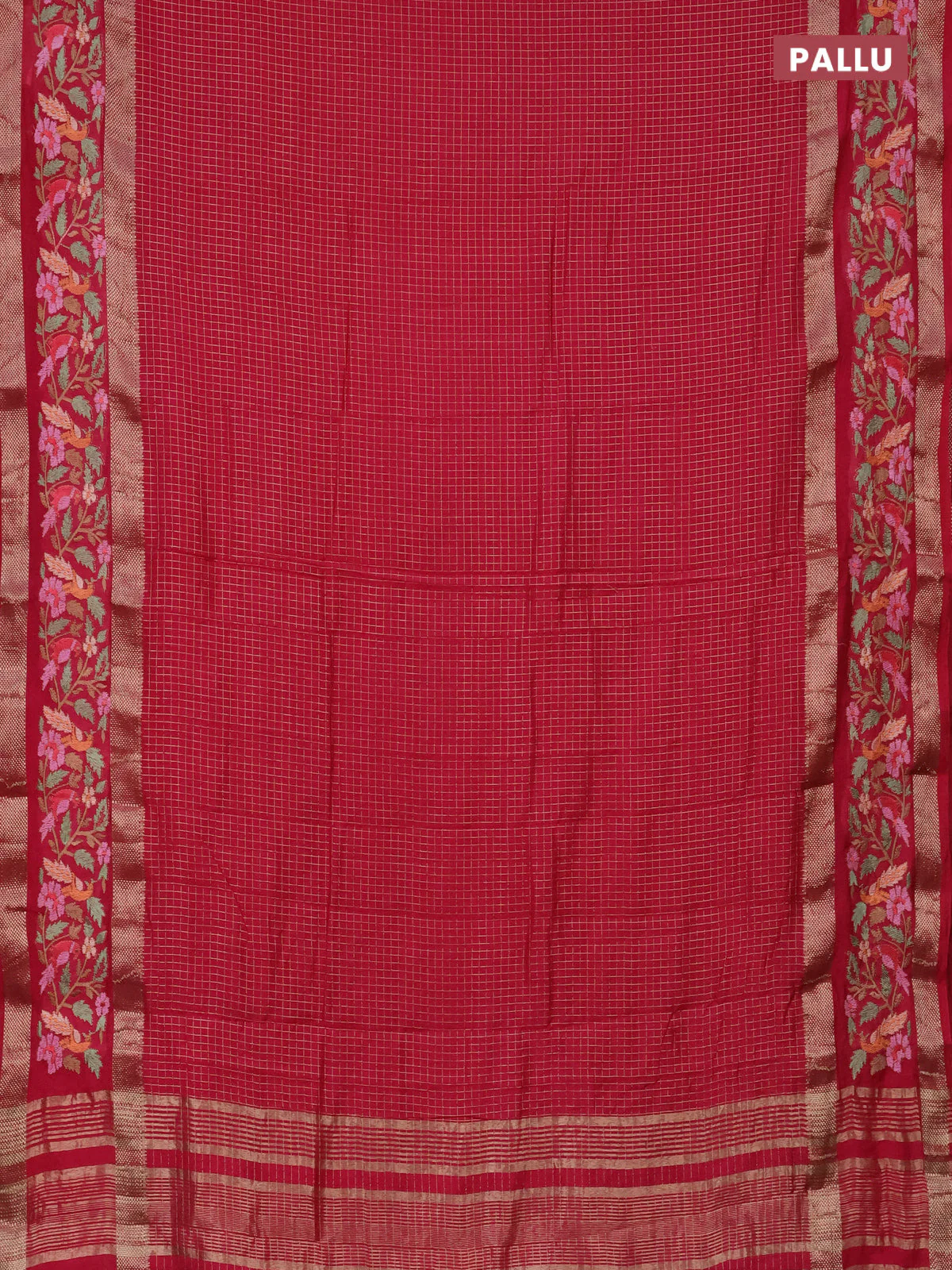 Semi chanderi saree pink with allover zari checked pattern and embroidery border - Image 3