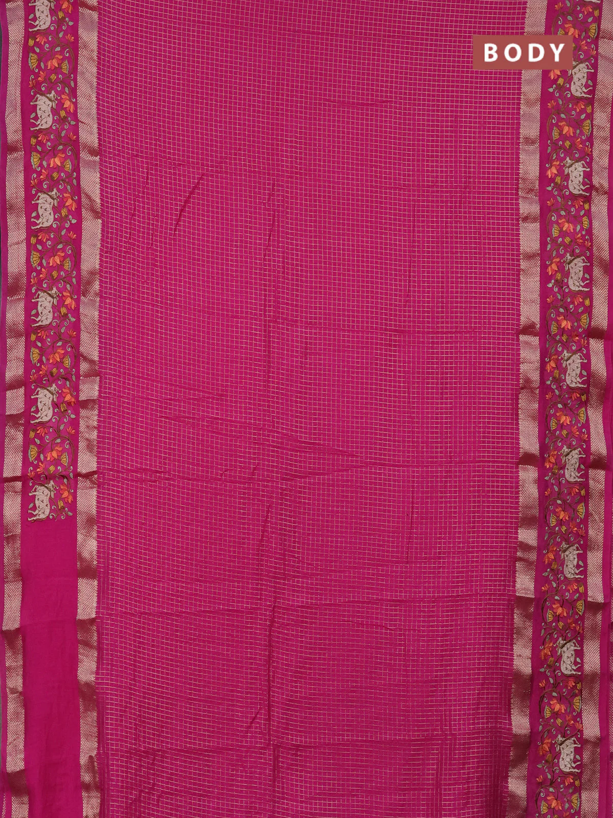 Semi chanderi saree pink with allover zari checked pattern and pichwai embroidery border - Image 2