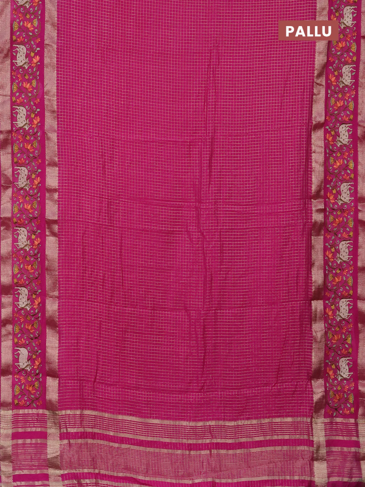 Semi chanderi saree pink with allover zari checked pattern and pichwai embroidery border - Image 3