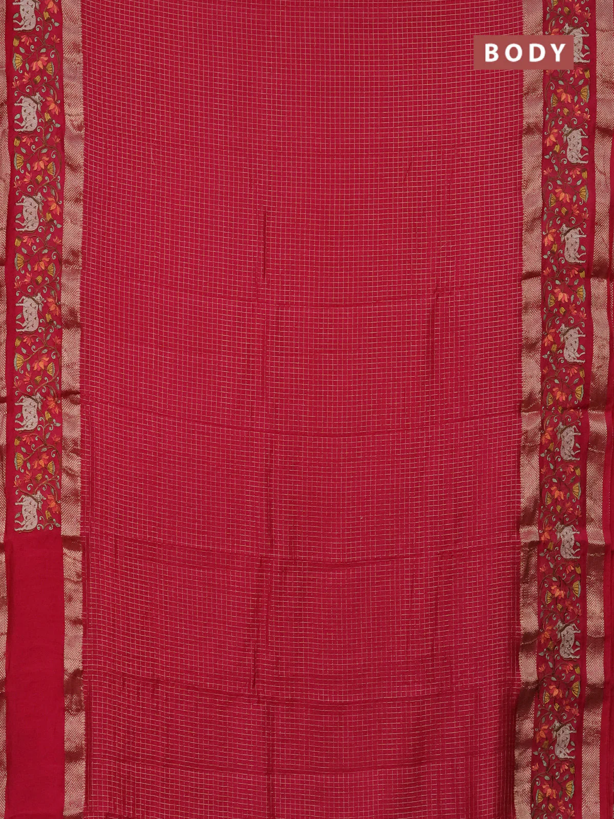 Semi chanderi saree pink with allover zari checked pattern and pichwai embroidery border - Image 2