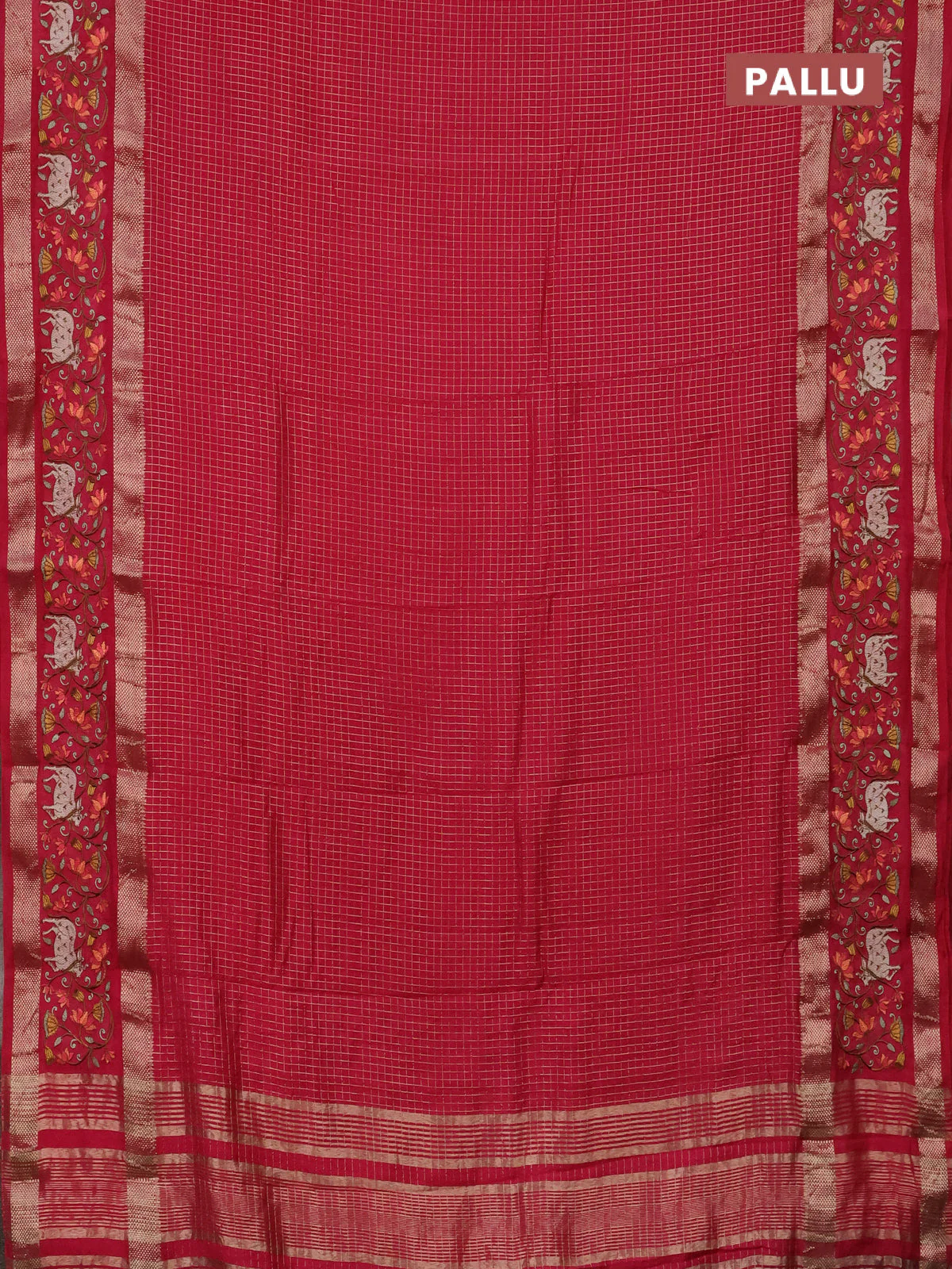 Semi chanderi saree pink with allover zari checked pattern and pichwai embroidery border - Image 3