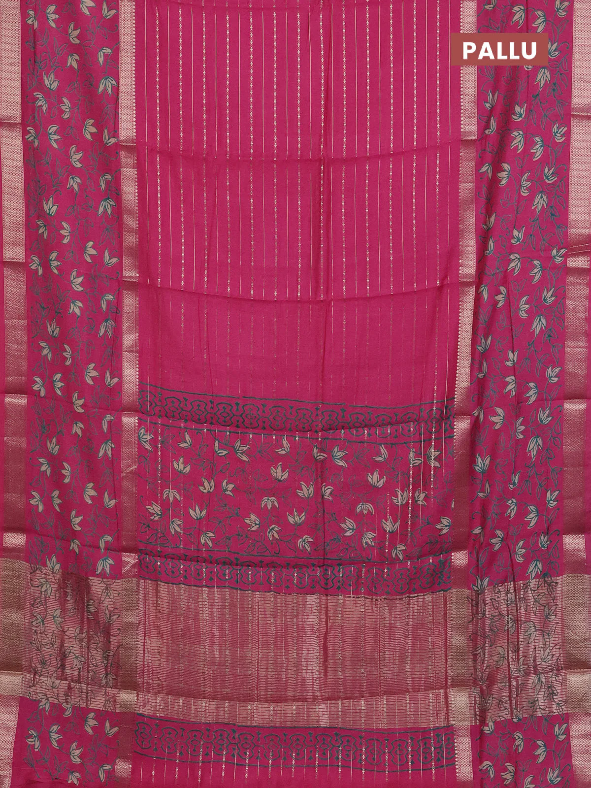 Semi chanderi saree pink with allover zari weaves and long rettapet zari woven printed border - Image 3