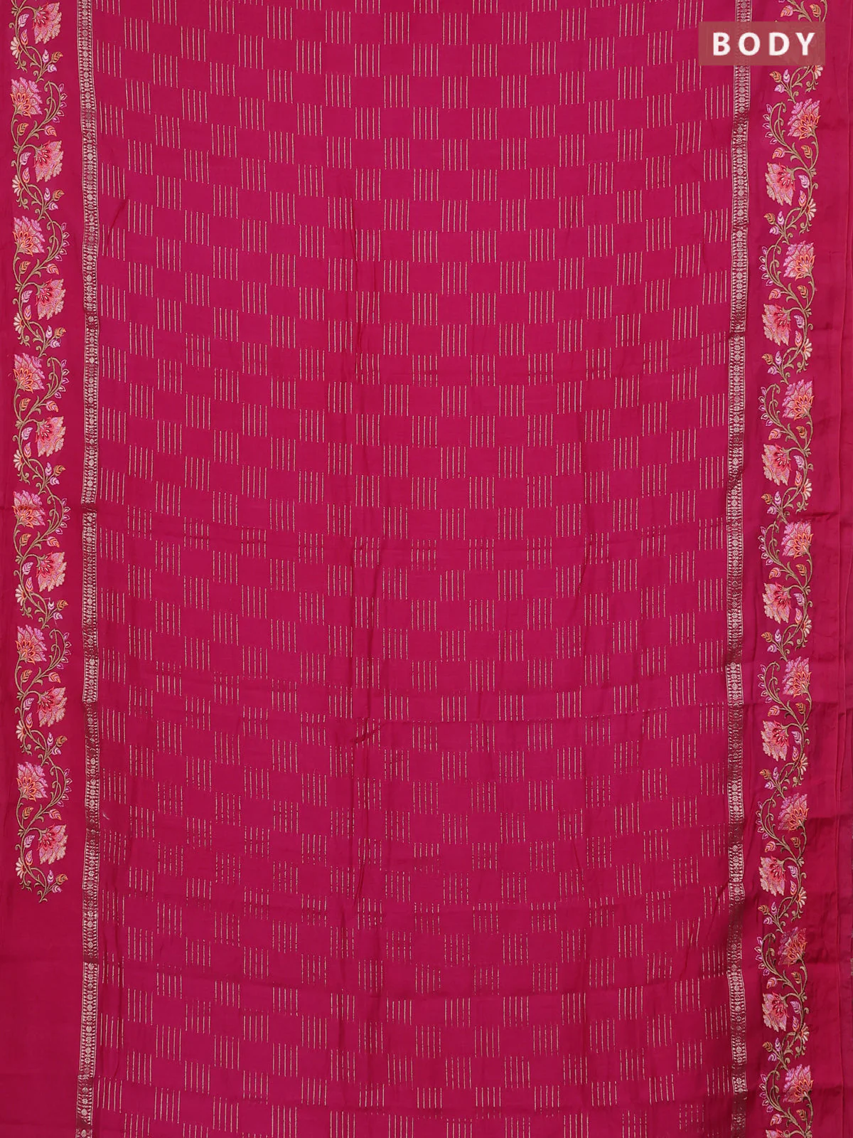 Semi chanderi saree pink with allover zari woven geometric weaves and floral embroidery border - Image 2