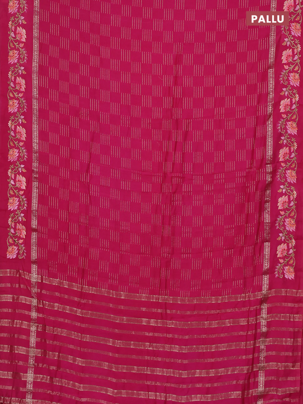 Semi chanderi saree pink with allover zari woven geometric weaves and floral embroidery border - Image 3