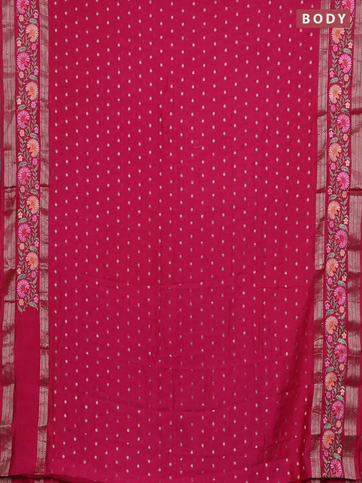 Semi chanderi saree pink with zari woven buttas and floral embroidery border - Image 2
