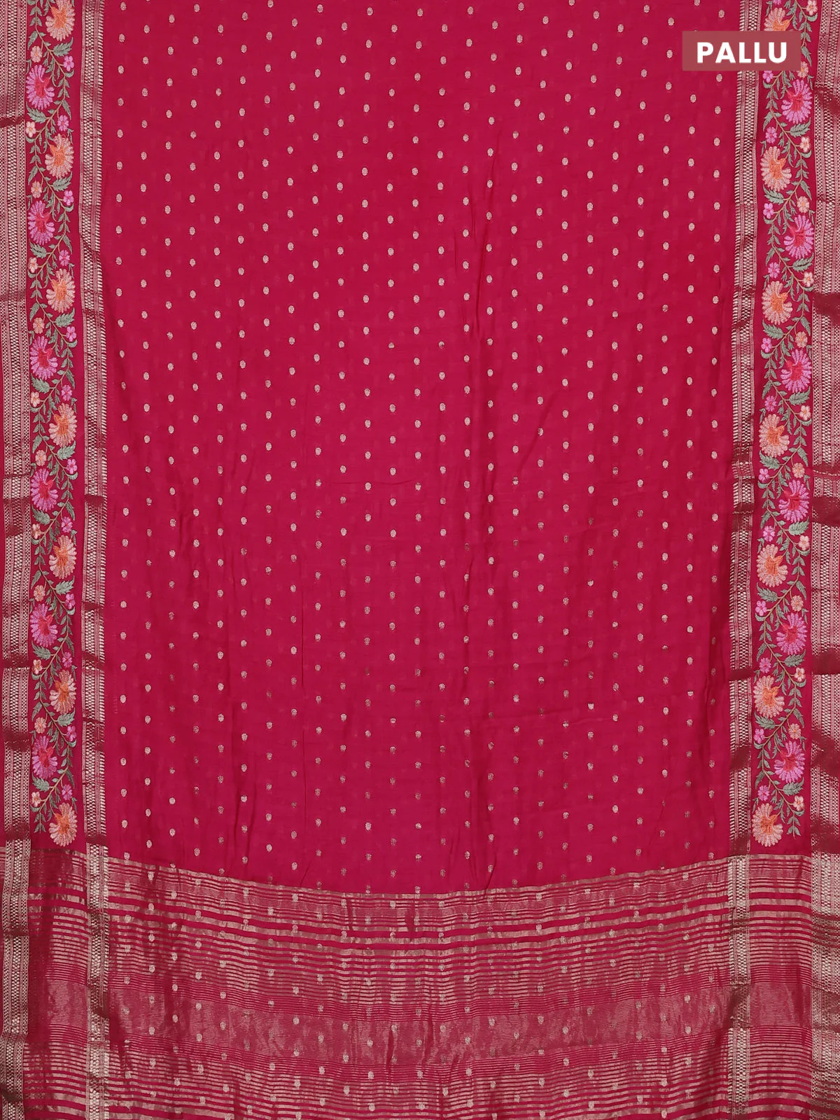 Semi chanderi saree pink with zari woven buttas and floral embroidery border - Image 3