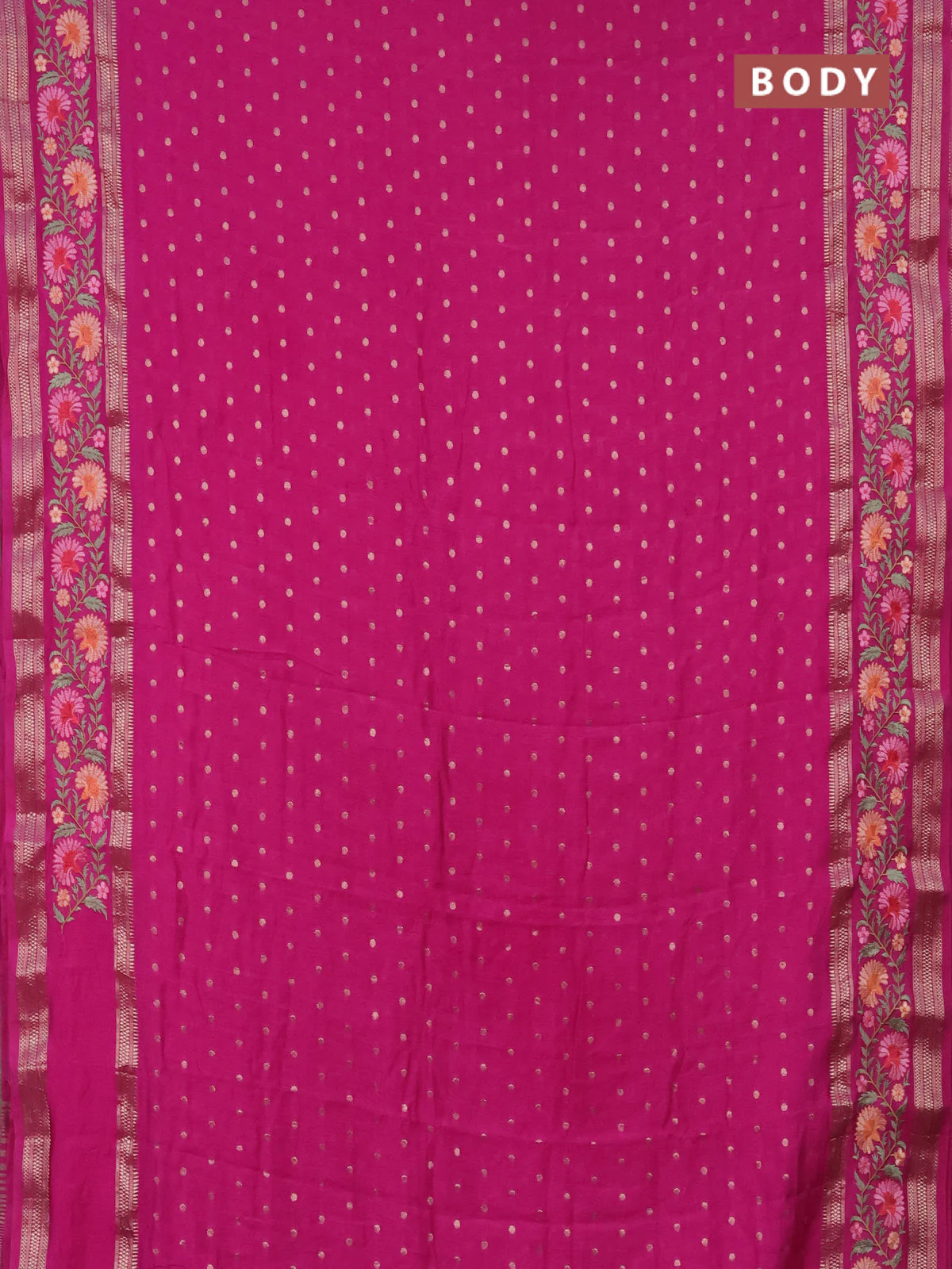 Semi chanderi saree pink with zari woven buttas and floral embroidery border - Image 2