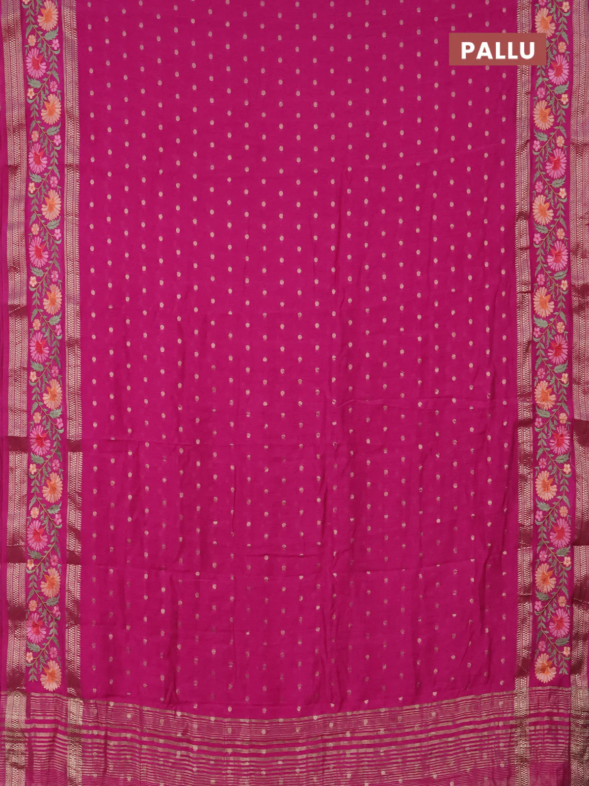 Semi chanderi saree pink with zari woven buttas and floral embroidery border - Image 3