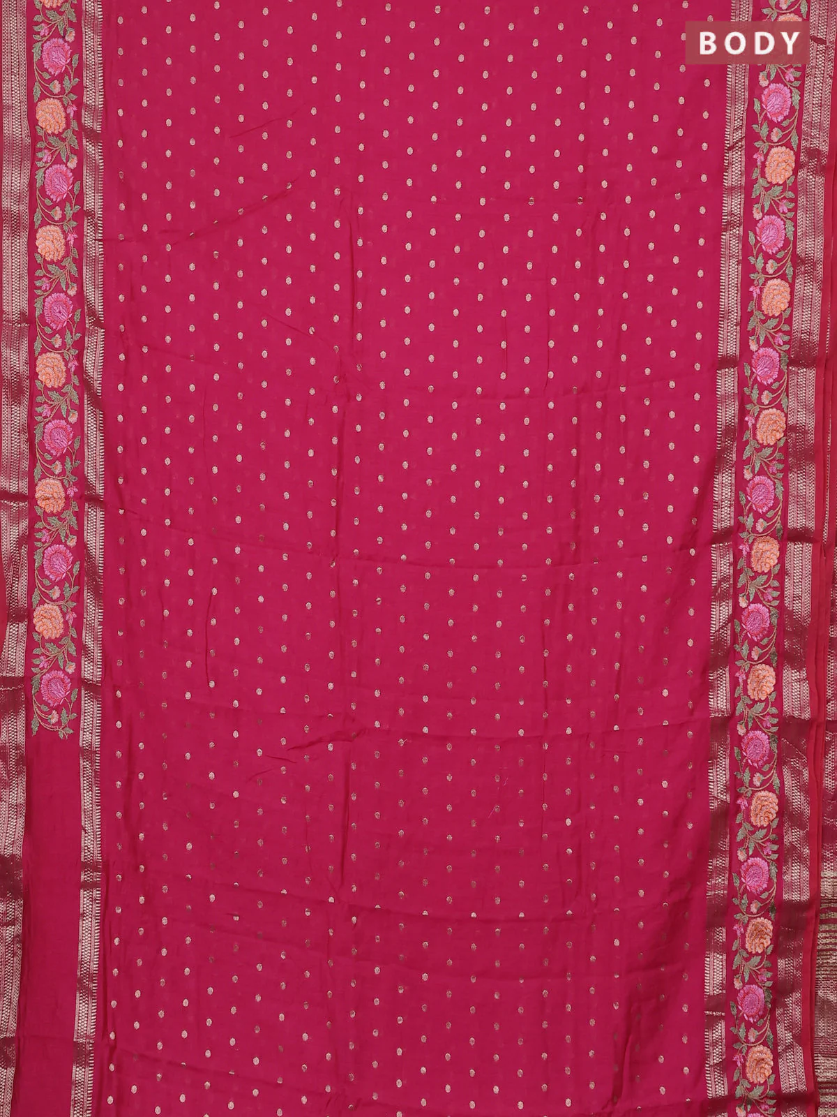 Semi chanderi saree pink with zari woven buttas and floral embroidery border - Image 2