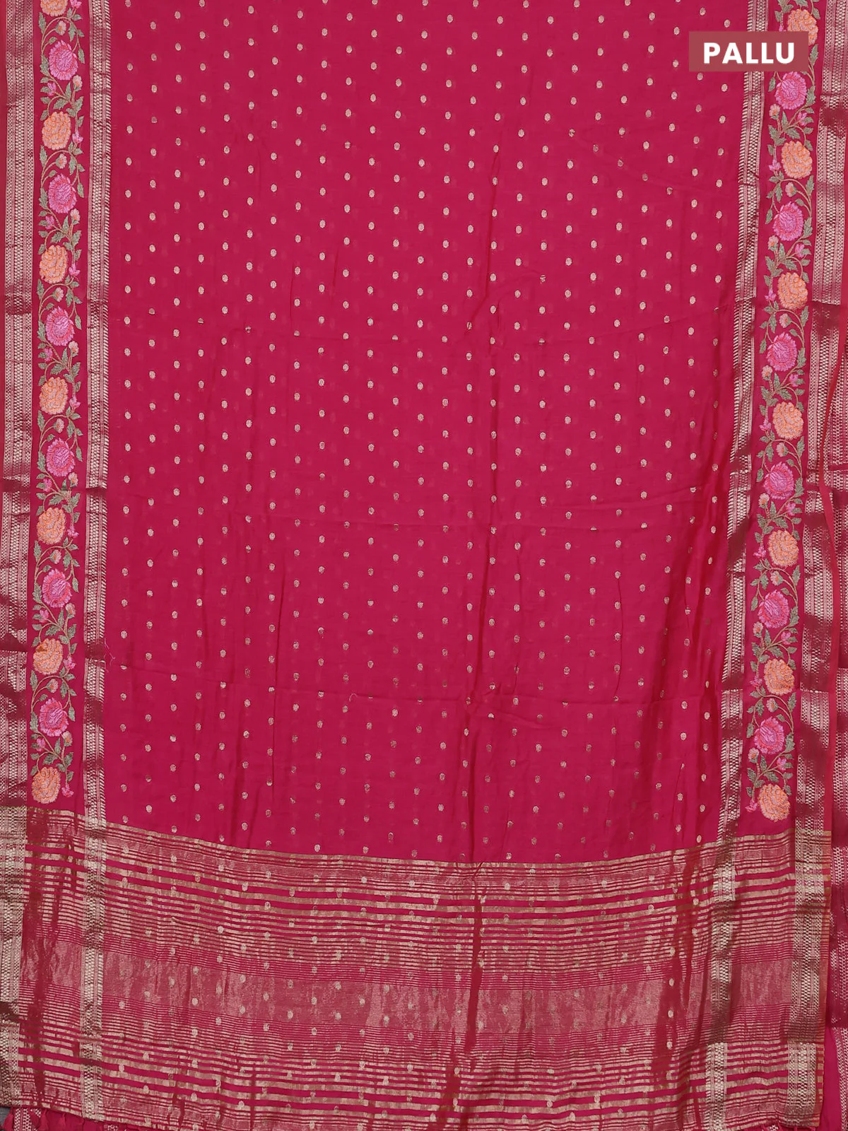 Semi chanderi saree pink with zari woven buttas and floral embroidery border - Image 3