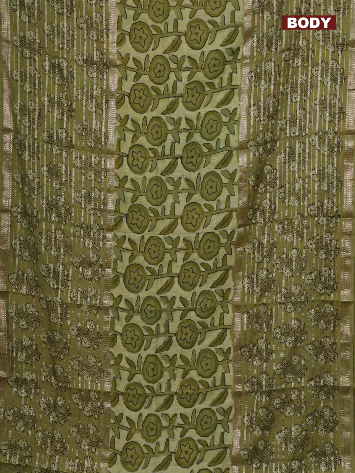 Semi chanderi saree pista green and green shade with allover ajrakh prints and long printed zari border - Image 2