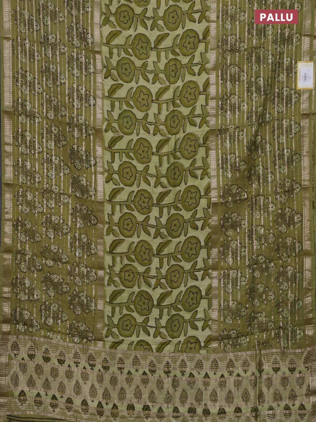 Semi chanderi saree pista green and green shade with allover ajrakh prints and long printed zari border - Image 3