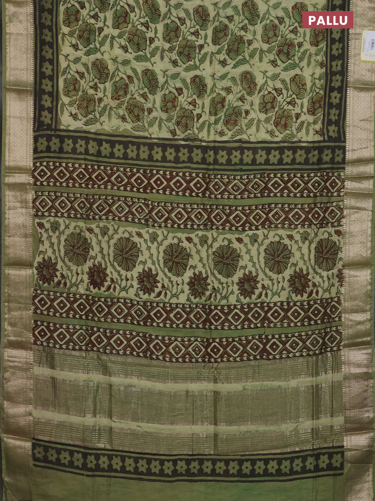 Semi chanderi saree pista green and sap green with allover ajrakh prints and zari woven border - Image 3