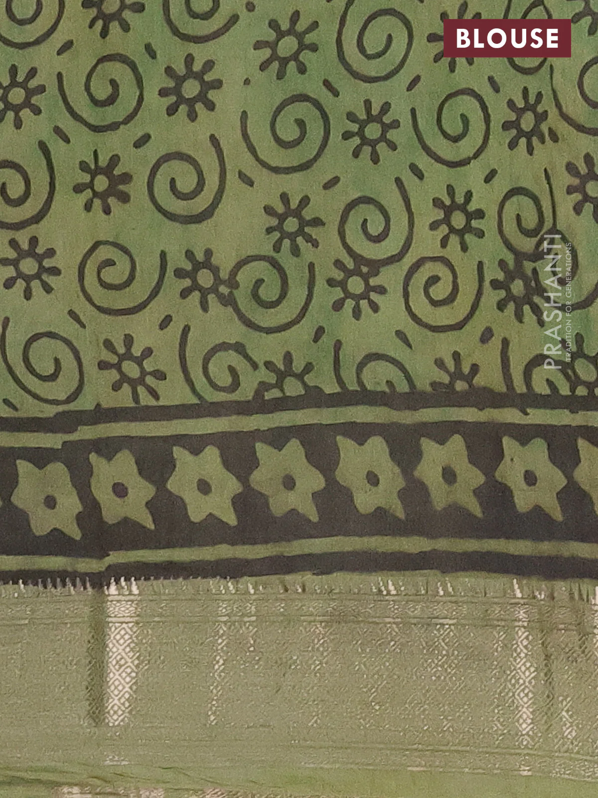 Semi chanderi saree pista green and sap green with allover ajrakh prints and zari woven border - Image 4