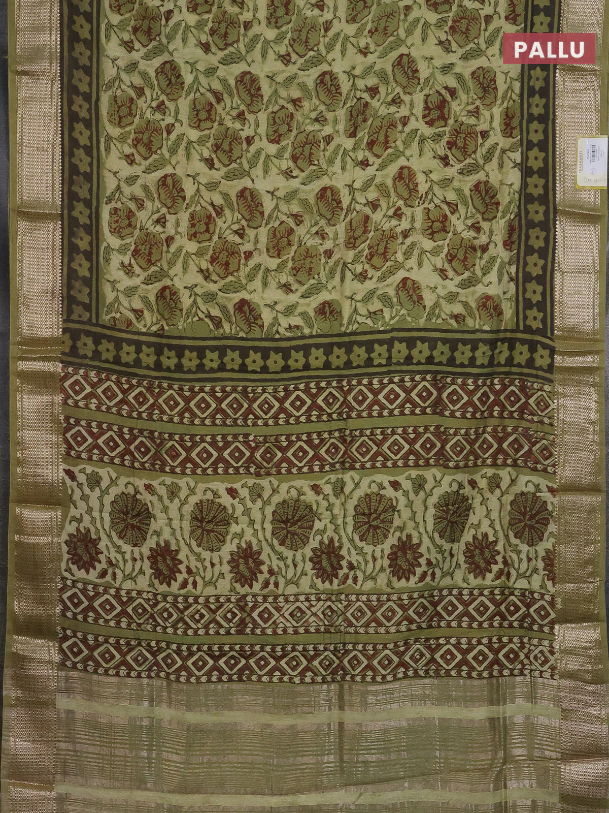 Semi chanderi saree pista green and sap green with allover kalamkari prints and zari woven border - Image 3