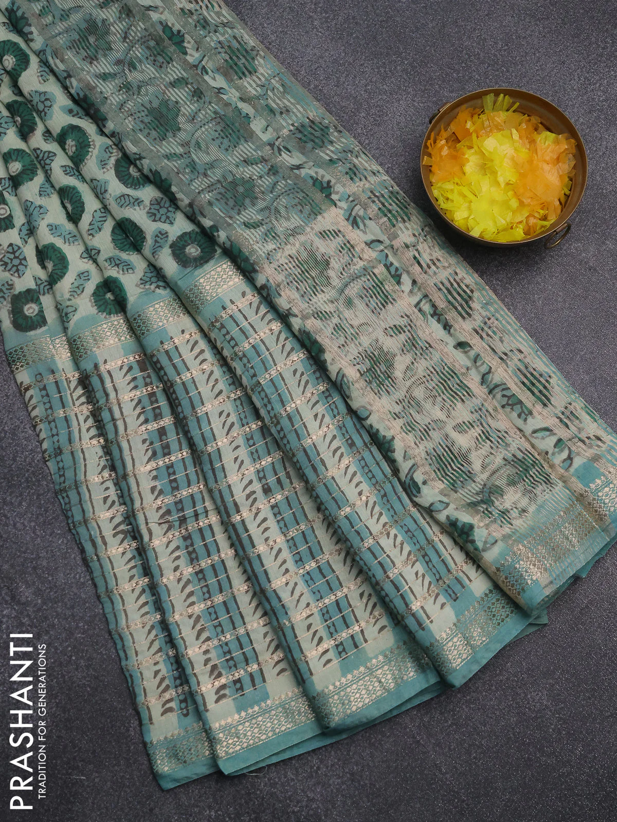 Semi chanderi saree pista green shade and teal green with allover ajrakh prints and long printed zari border