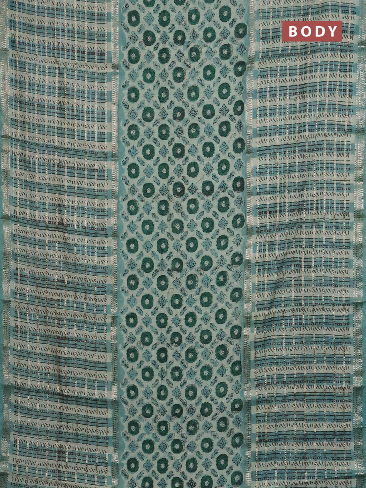 Semi chanderi saree pista green shade and teal green with allover ajrakh prints and long printed zari border - Image 2
