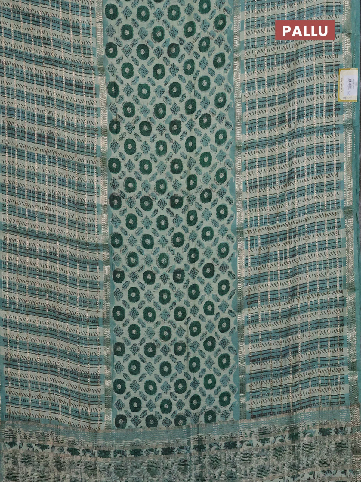 Semi chanderi saree pista green shade and teal green with allover ajrakh prints and long printed zari border - Image 3