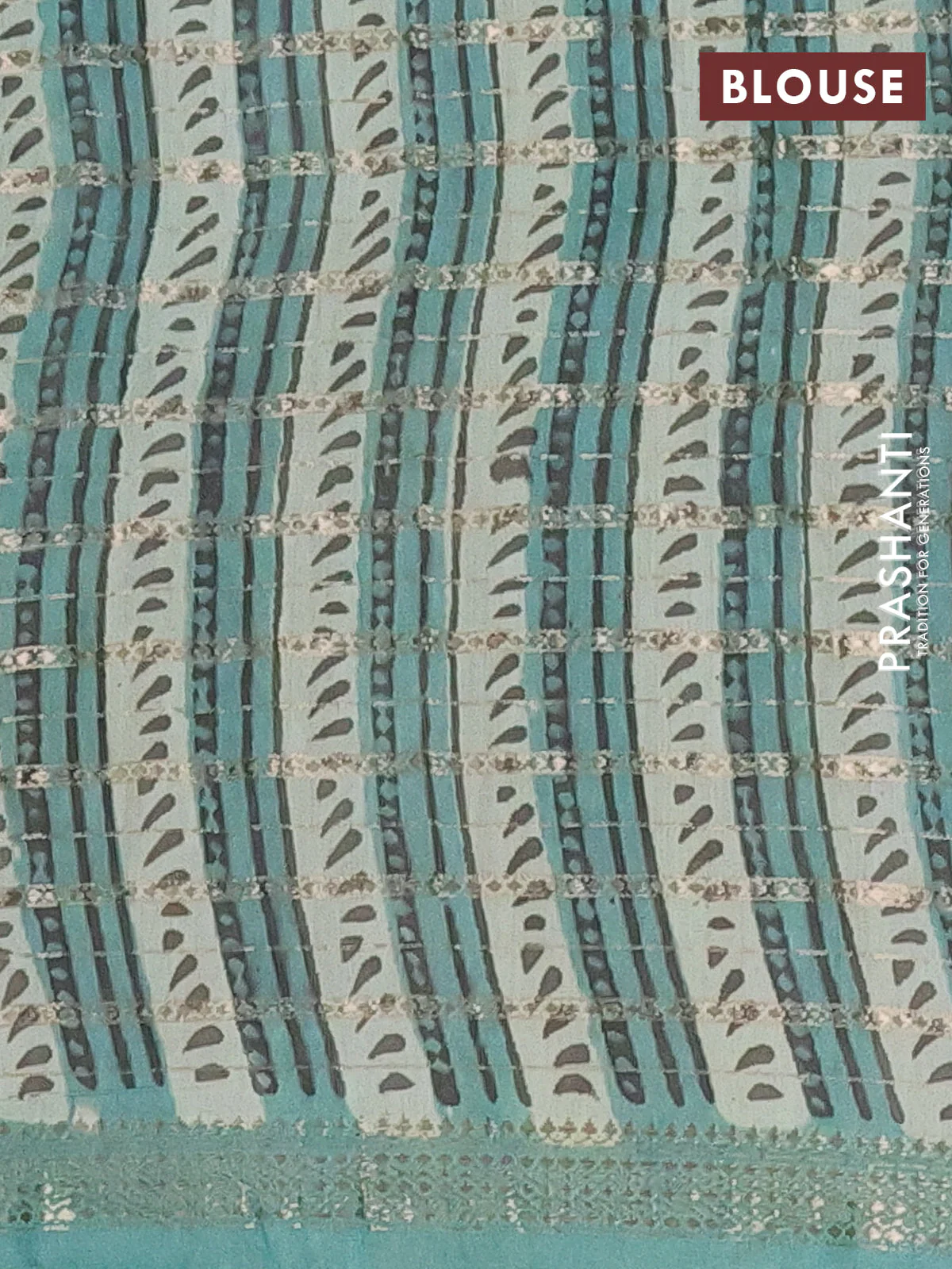 Semi chanderi saree pista green shade and teal green with allover ajrakh prints and long printed zari border - Image 4