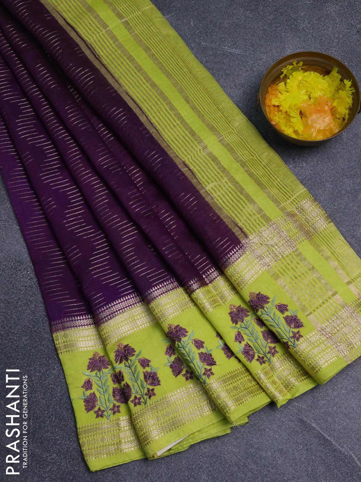 Semi chanderi saree purple and fluorescent green with allover zari weaves and embroidery zari border