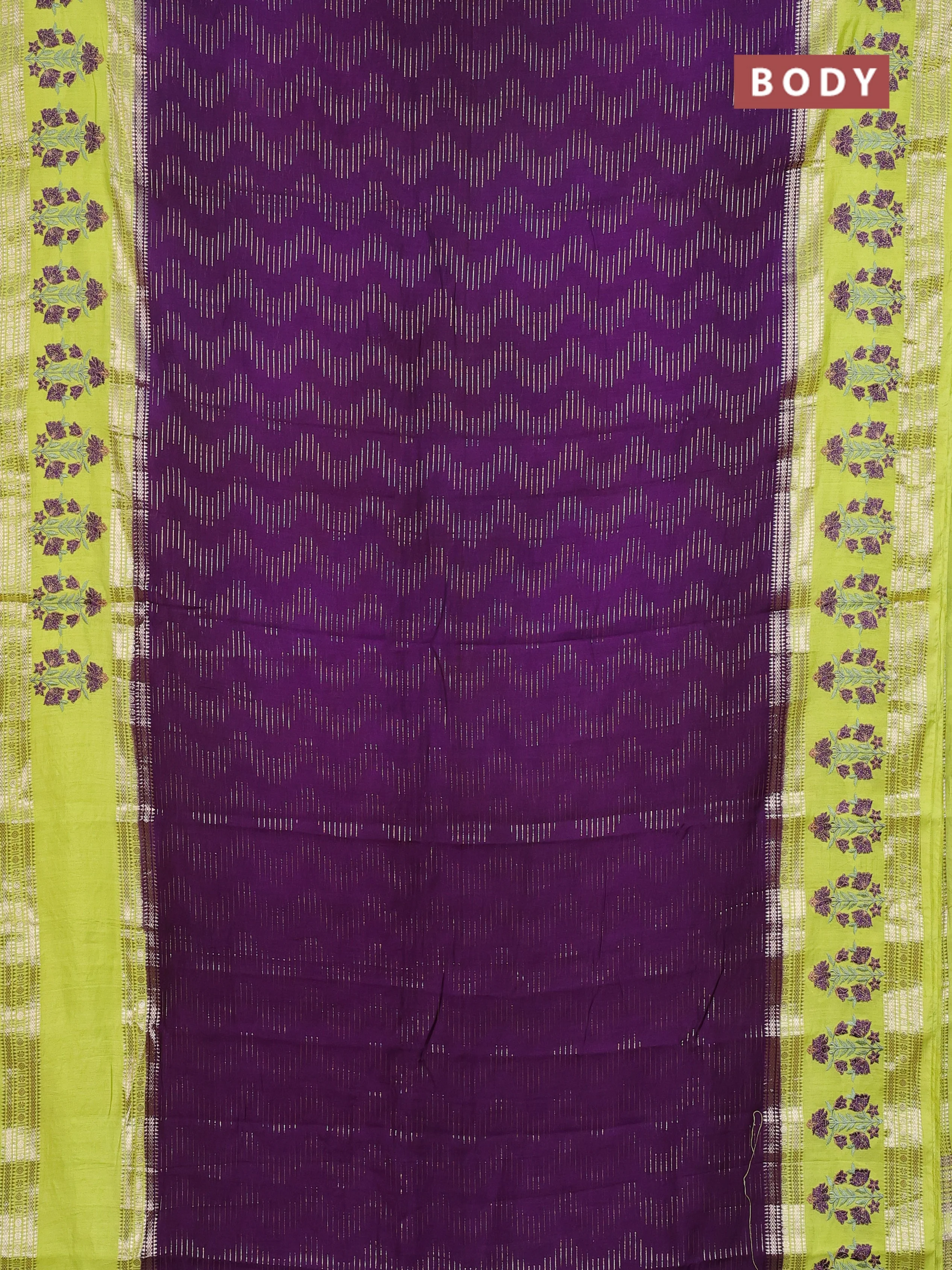 Semi chanderi saree purple and fluorescent green with allover zari weaves and embroidery zari border - Image 2