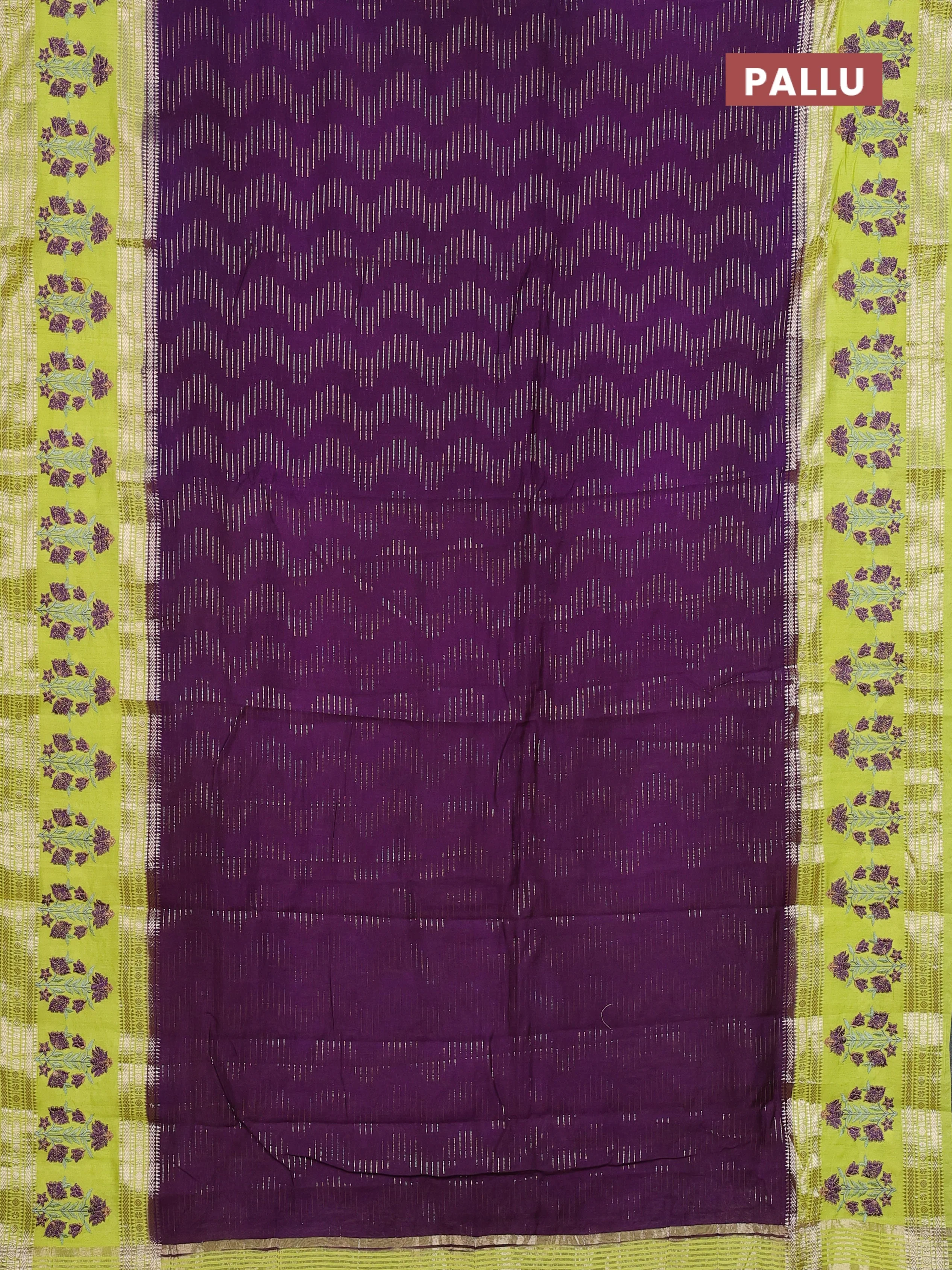 Semi chanderi saree purple and fluorescent green with allover zari weaves and embroidery zari border - Image 3