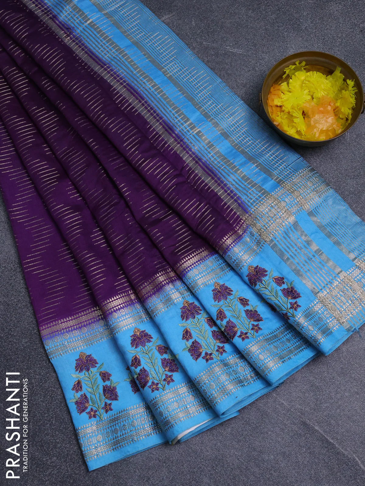 Semi chanderi saree purple and light blue with allover zari weaves and embroidery zari border