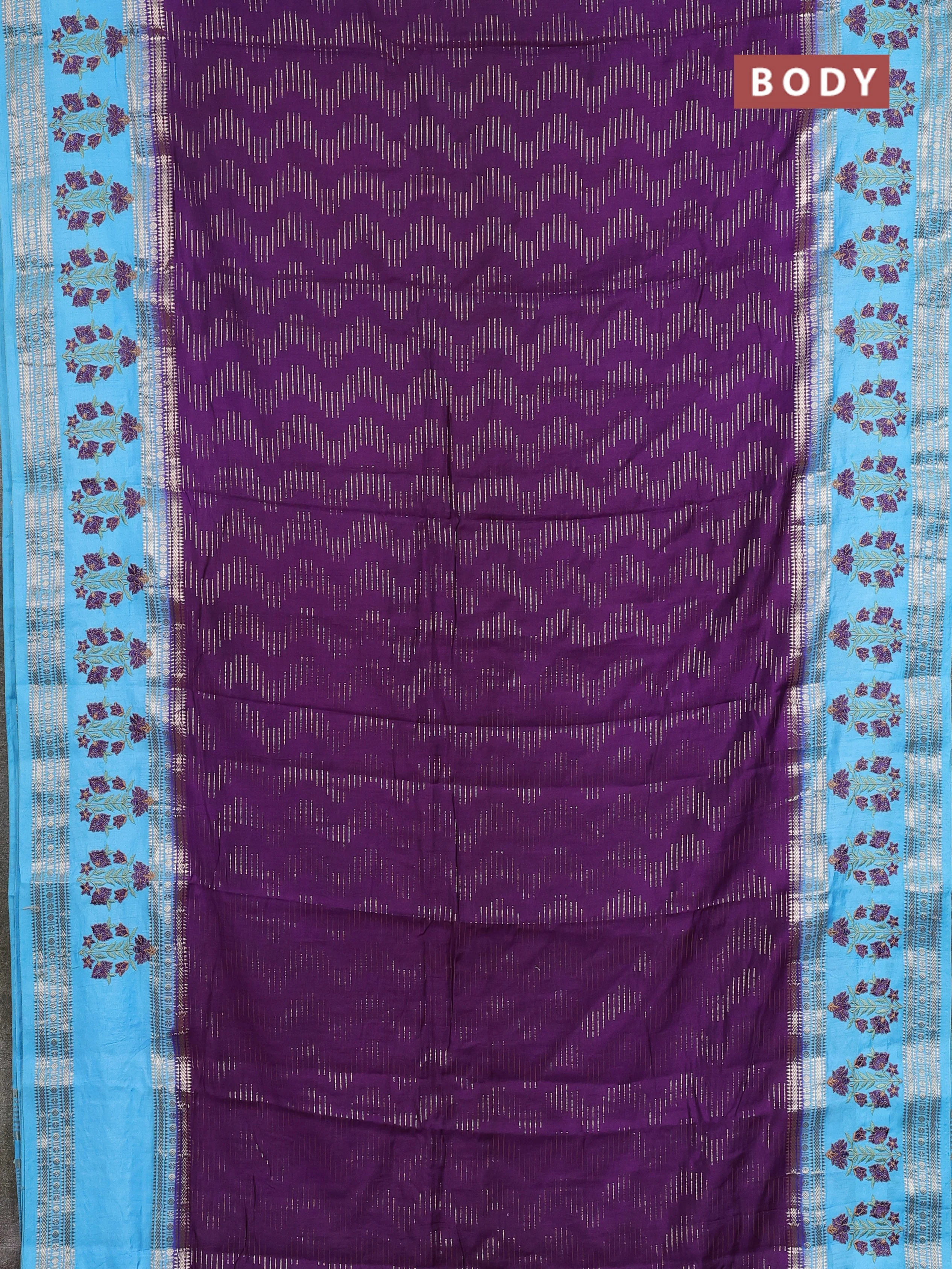 Semi chanderi saree purple and light blue with allover zari weaves and embroidery zari border - Image 2