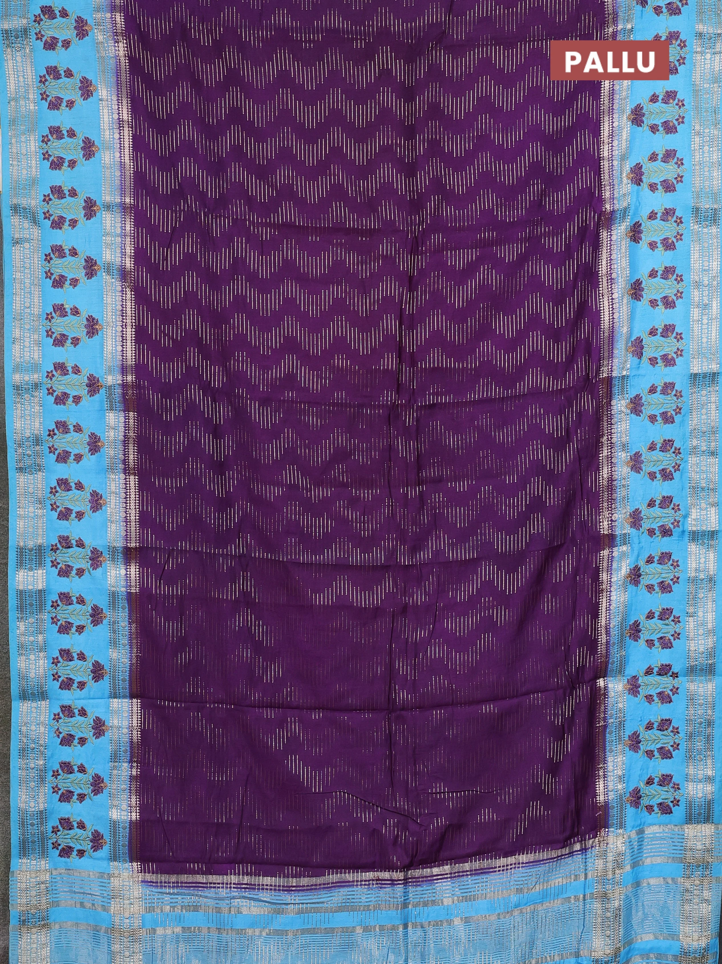 Semi chanderi saree purple and light blue with allover zari weaves and embroidery zari border - Image 3