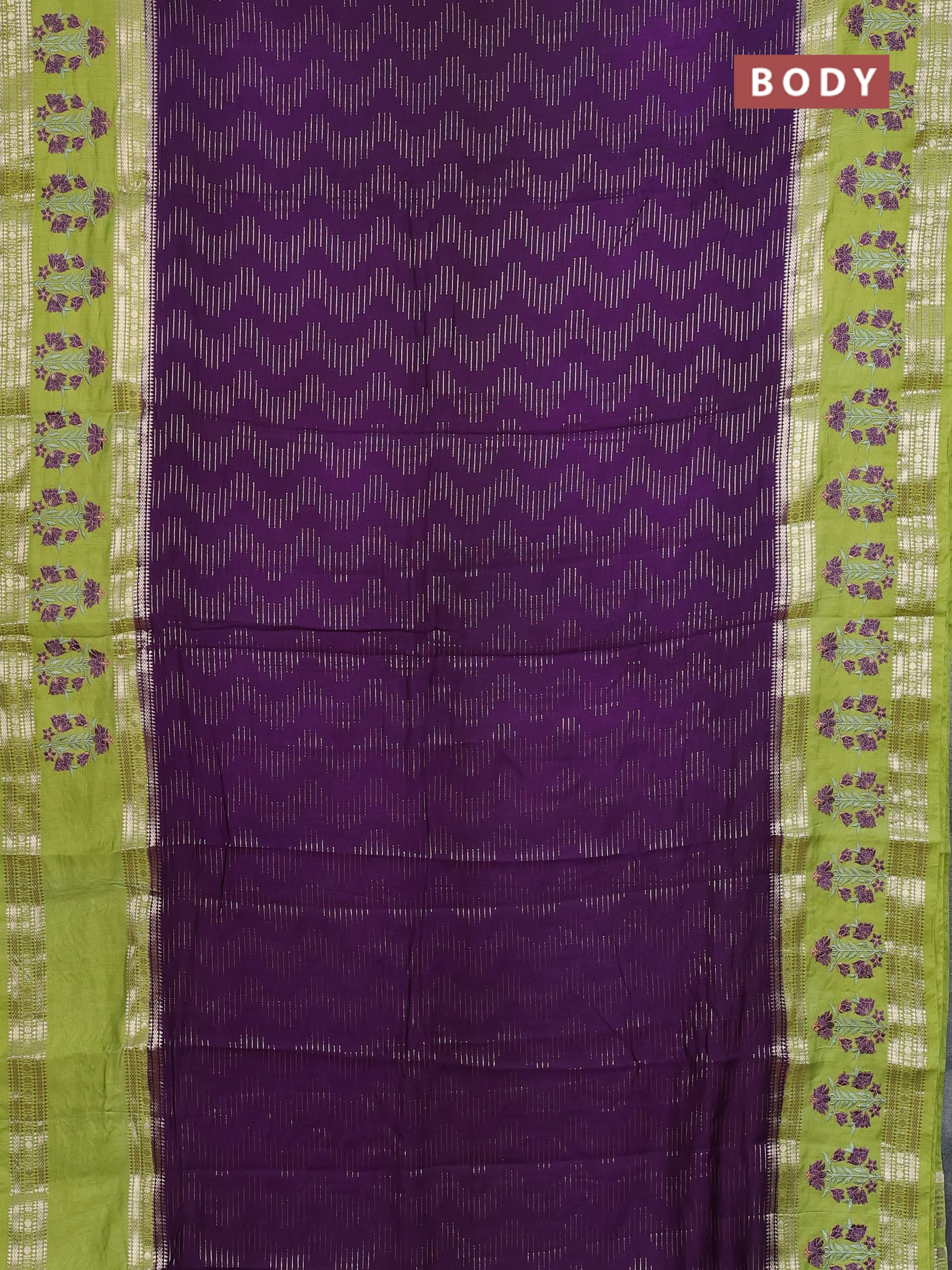 Semi chanderi saree purple and light green with allover zari weaves and embroidery zari border - Image 2